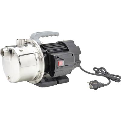 Pompe à eau électrique avec boîtier argenté et moteur électrique noir, équipée d'un câble secteur et d'une fiche.