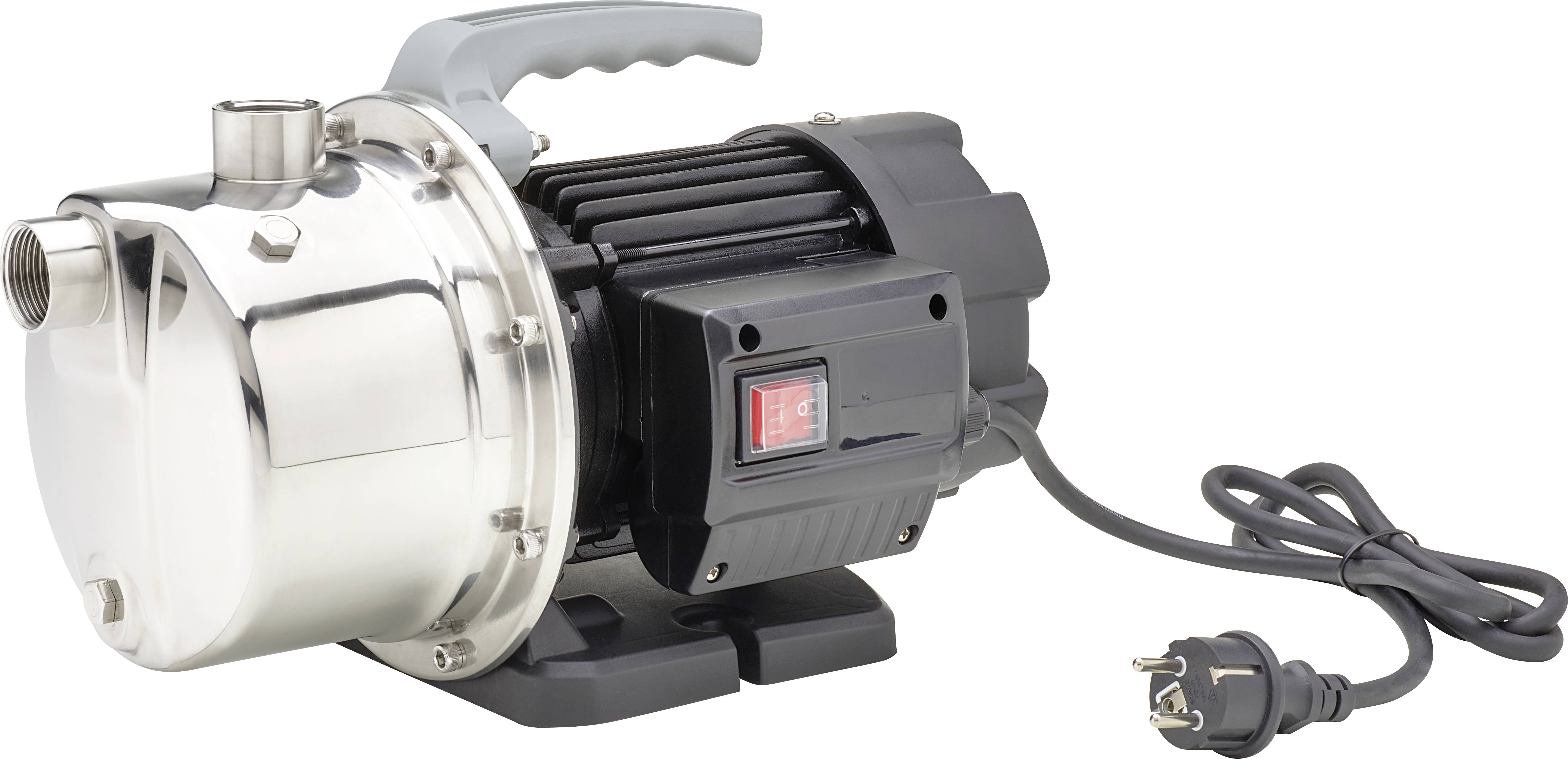 Une pompe à eau électrique avec boîtier en métal et poignée en plastique, reliée à un câble électrique et à une prise.