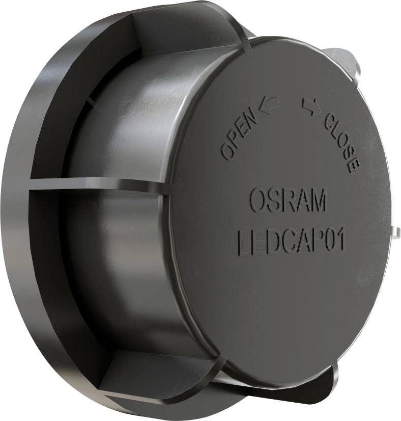 Un couvercle rond noir portant l'inscription « OSRAM LEDCAP01 », muni de flèches et des termes « OPEN » et « CLOSE ».