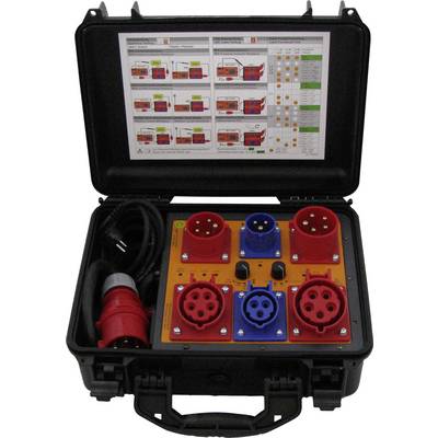 Une valise noire avec le couvercle ouvert, montrant un panneau de commande avec des prises colorées et un câble connecté. Des instructions sont situées en haut du couvercle.