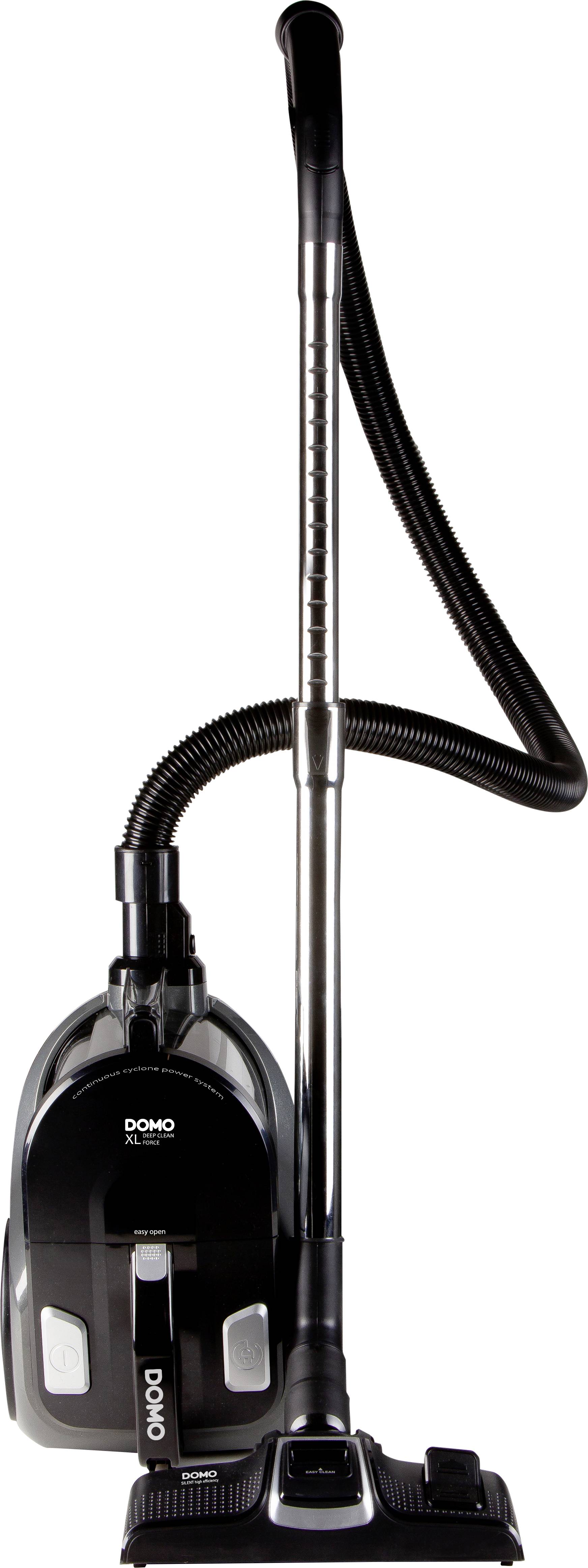 Aspirateur noir avec long tuyau d'aspiration et buse de sol, représenté debout.