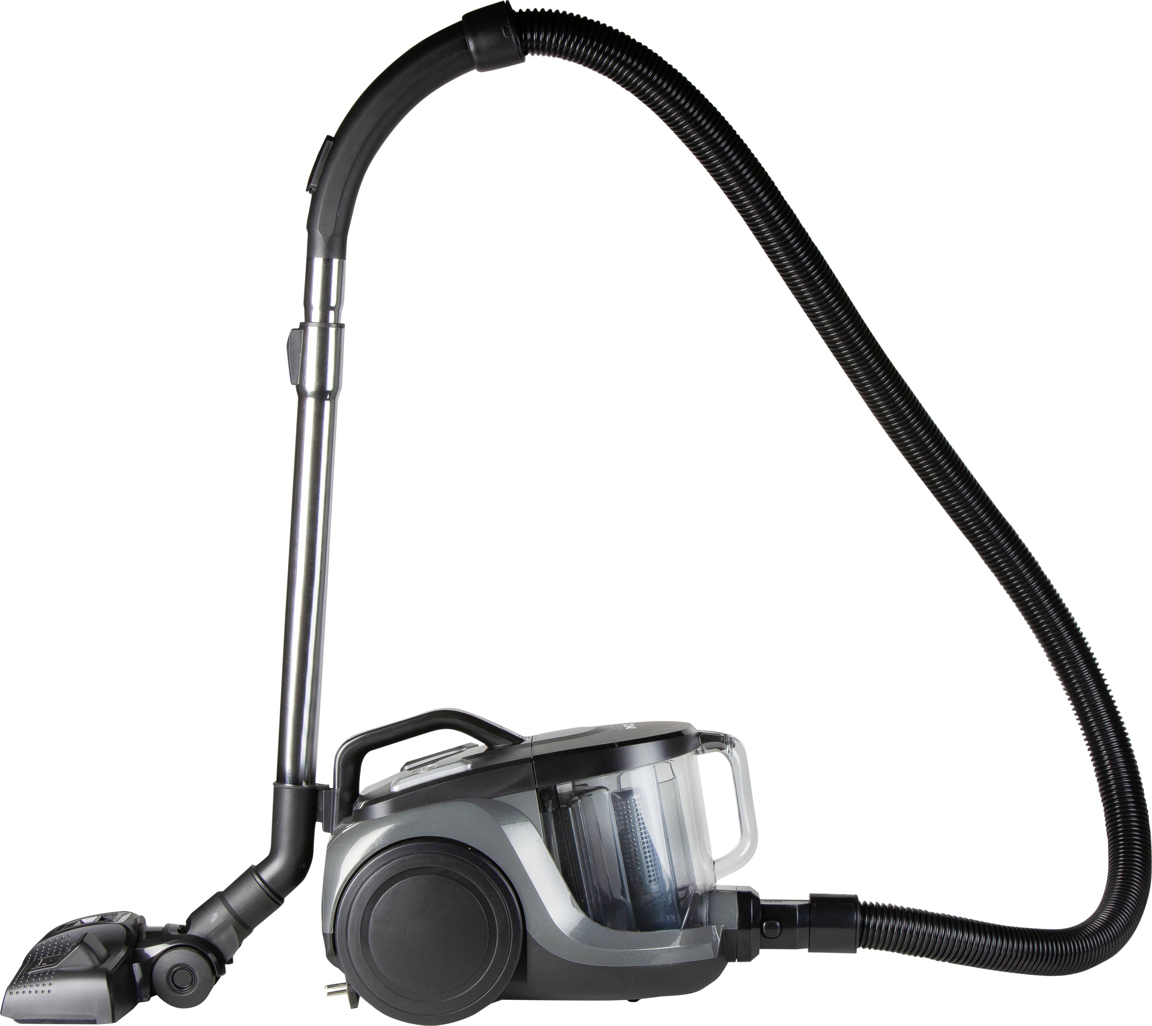 Un aspirateur sans sac avec un long tuyau et plusieurs accessoires. Idéal pour le nettoyage efficace des sols.