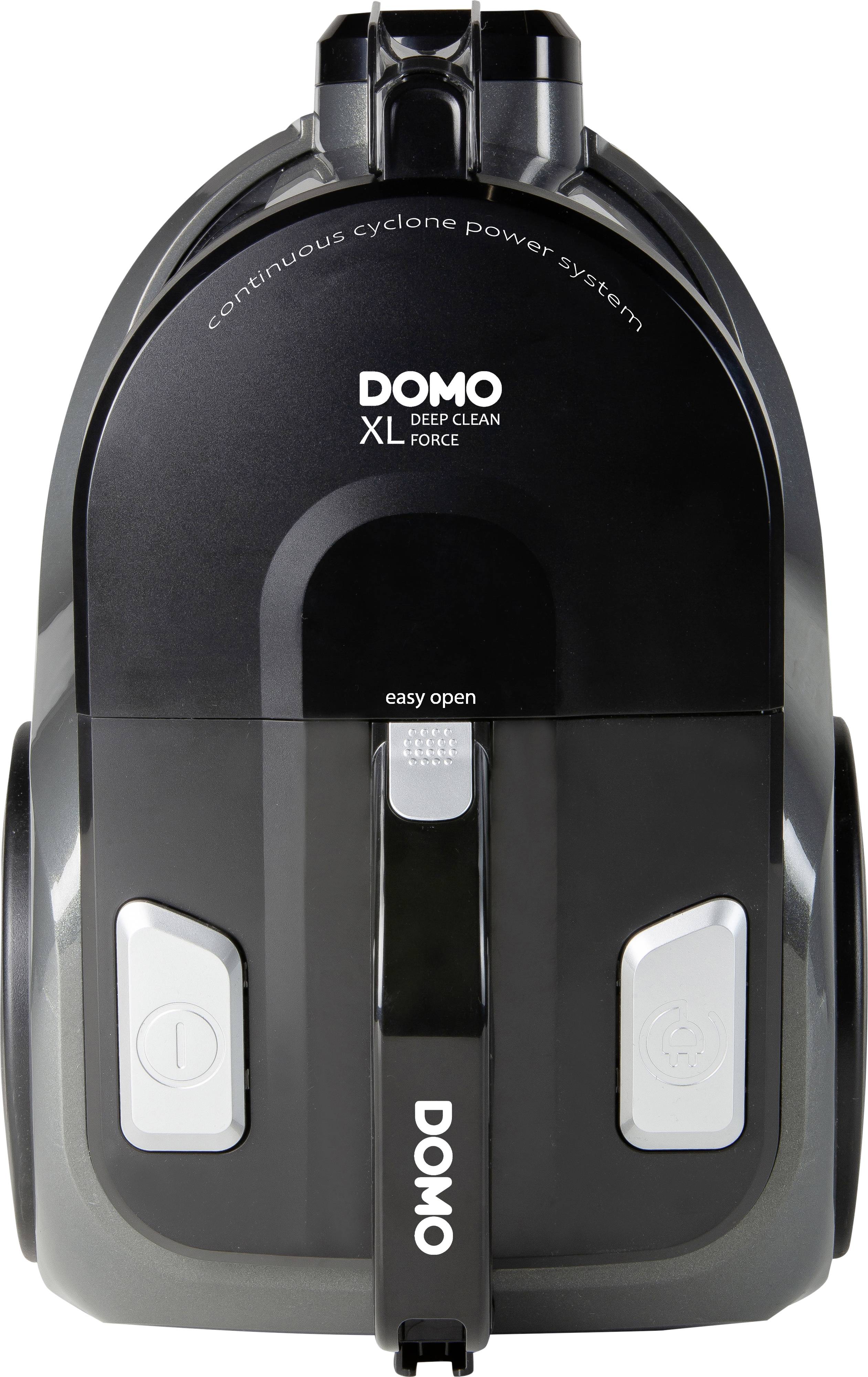 Aspirateur noir portant l'inscription 'DOMO XL Deep Clean Force', 'système de puissance cyclonique continue' et 'ouverture facile'.