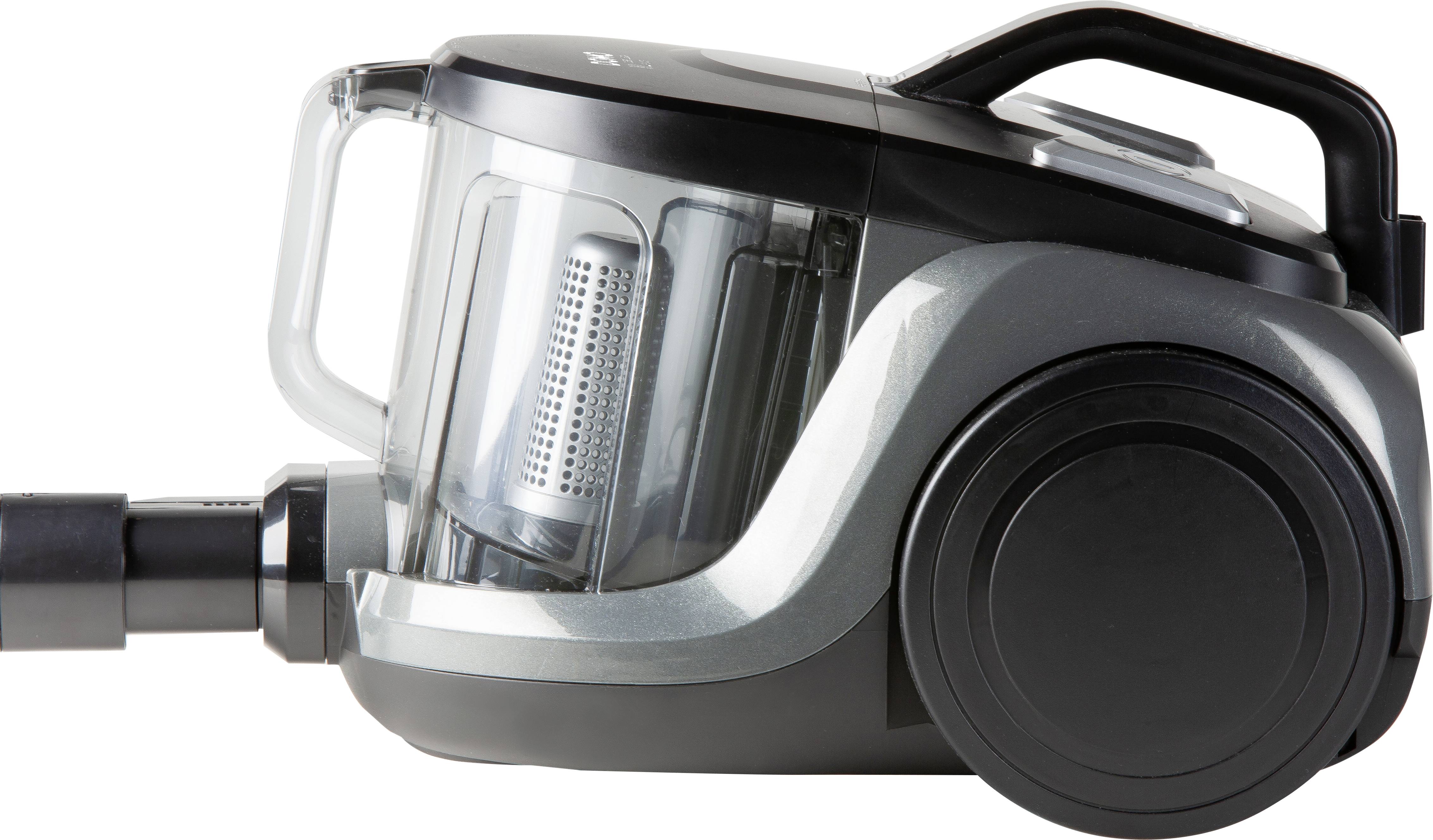 Un aspirateur moderne sans sac, doté d'un réservoir à poussière transparent et d'un boîtier noir, présenté de côté et visible de profil.
