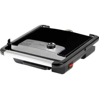 Un grill de contact électrique avec un boîtier noir et argenté, des boutons rotatifs et des témoins lumineux sur le devant.