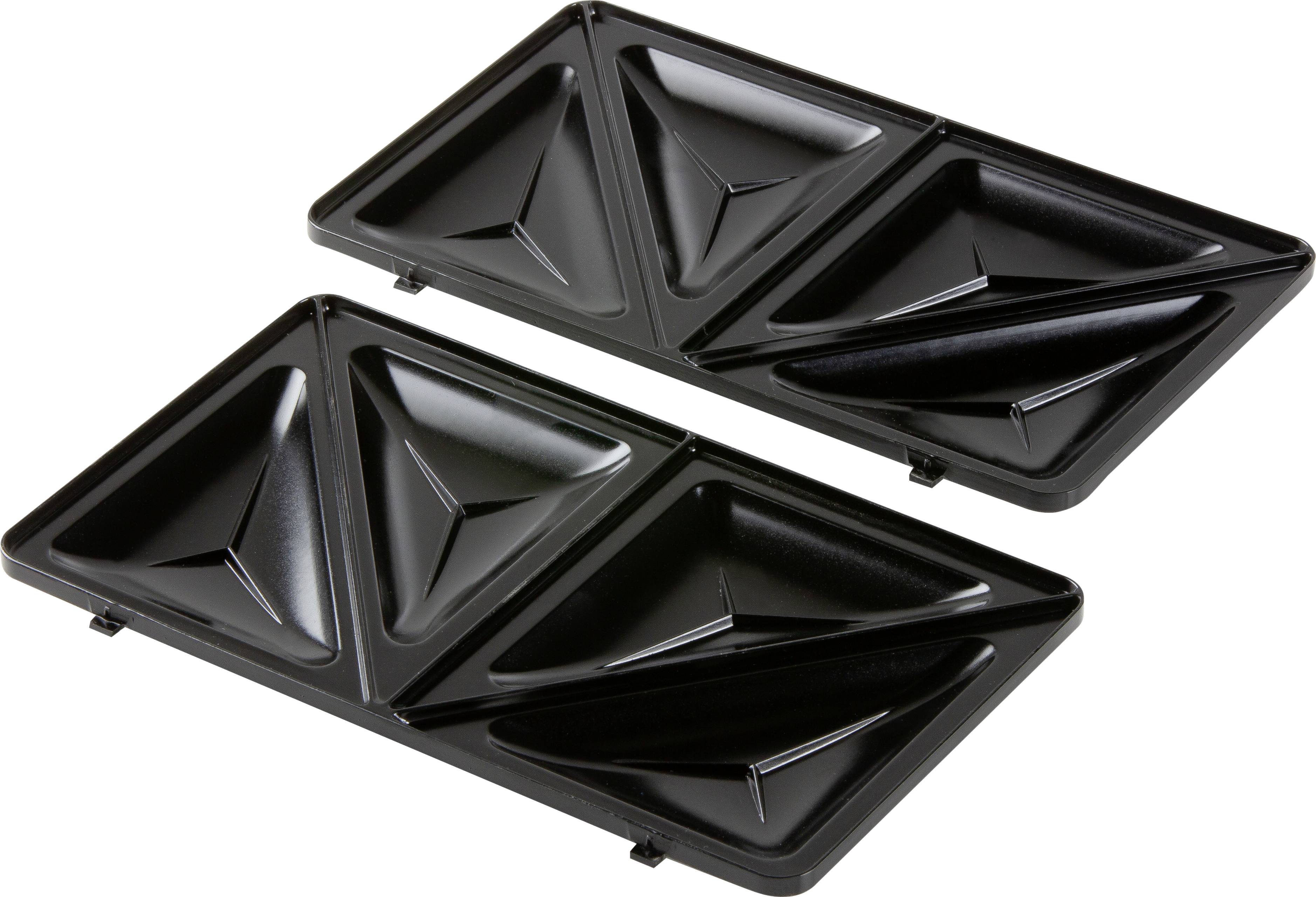Deux plaques de sandwich noires antiadhésives avec des cavités triangulaires, idéales pour la préparation de sandwichs.