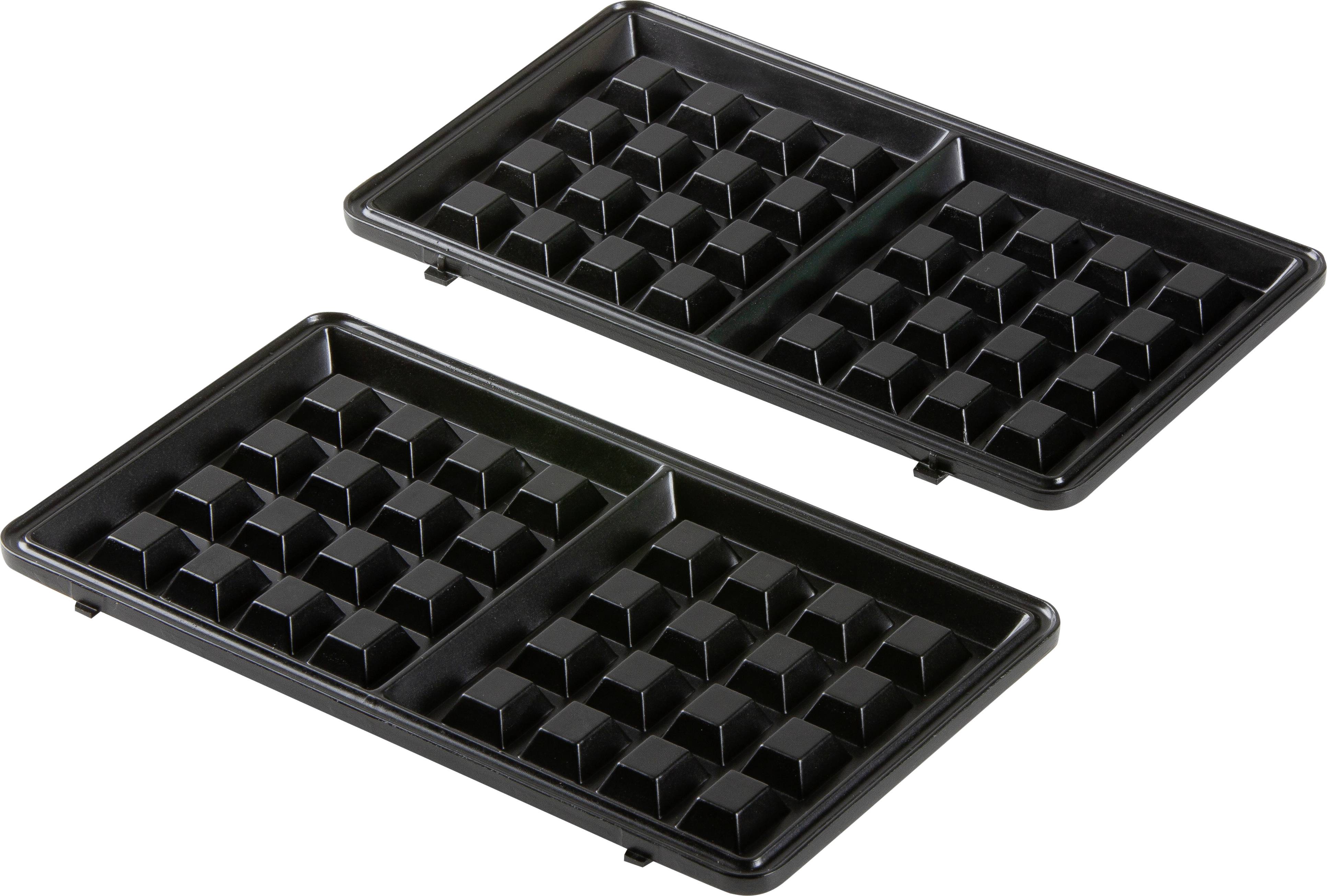 Deux plaques de gaufrier noires, rectangulaires avec des cavités carrées pour recevoir la pâte, adaptées à la préparation de gaufres.
