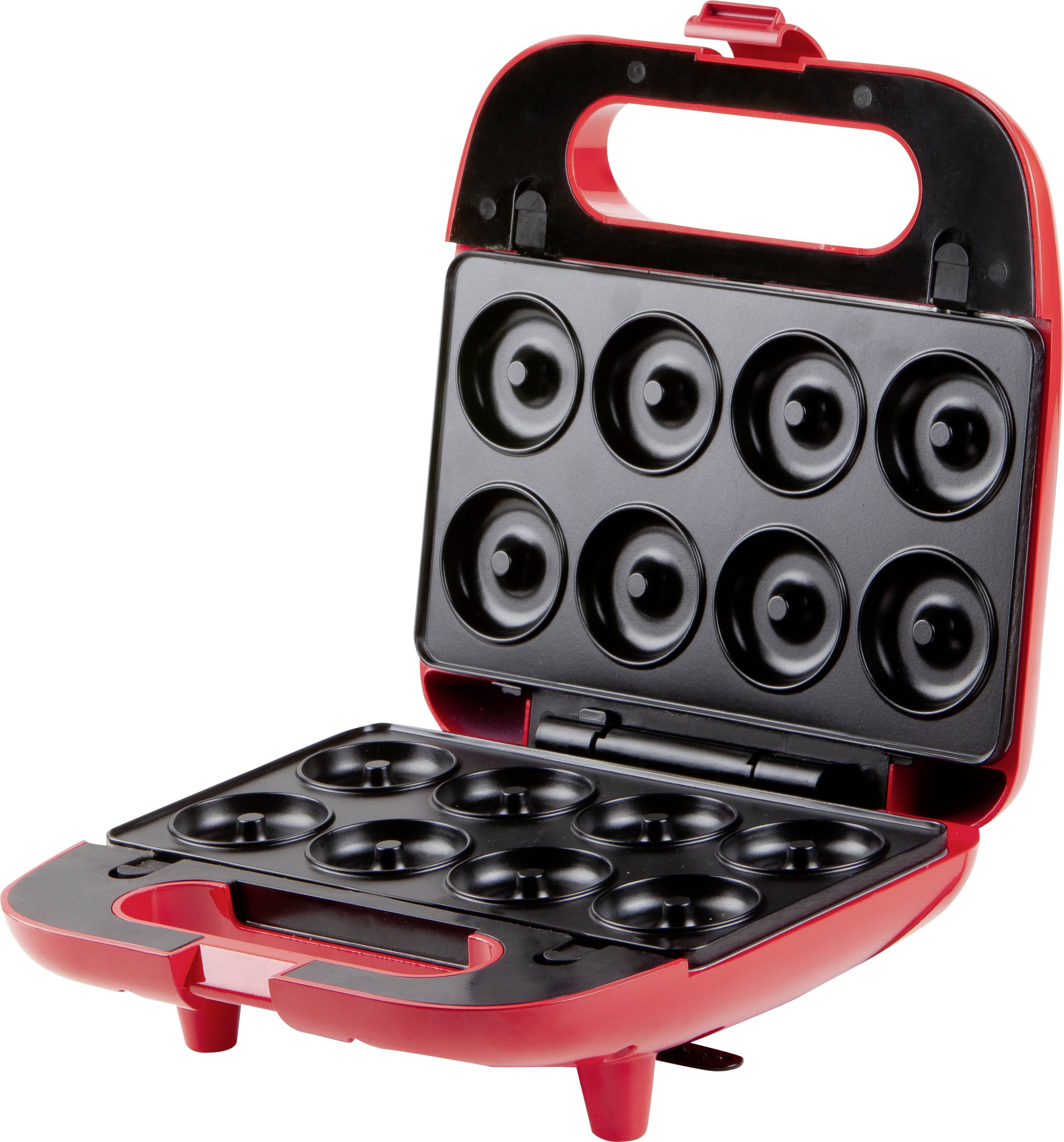 Machine à donuts électrique rouge avec couvercle ouvert, montrant deux rangées de moules noirs pour de petits donuts ronds.