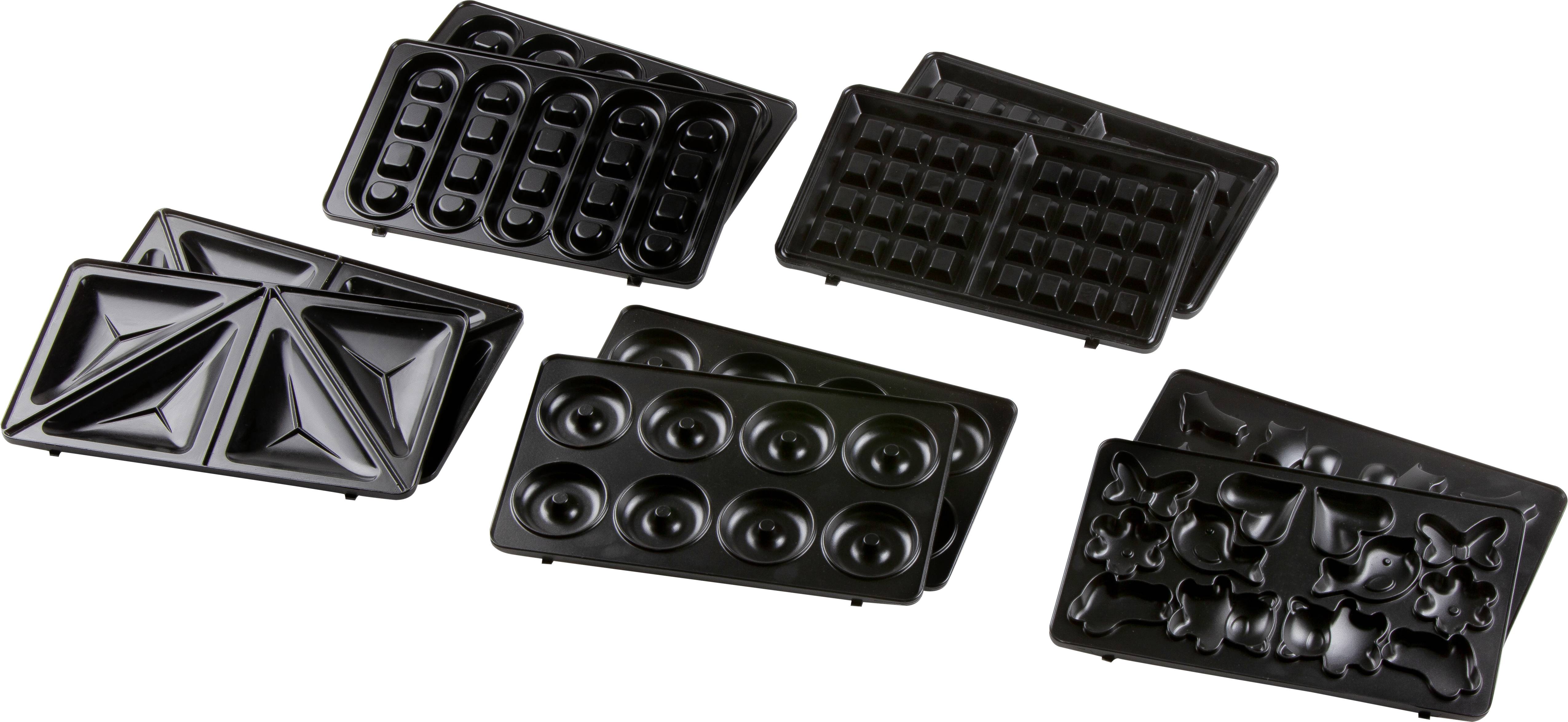 Plusieurs plaques de cuisson noires : sandwich, donut, cœur et gaufre. Elles offrent différentes formes pour une pâtisserie polyvalente.