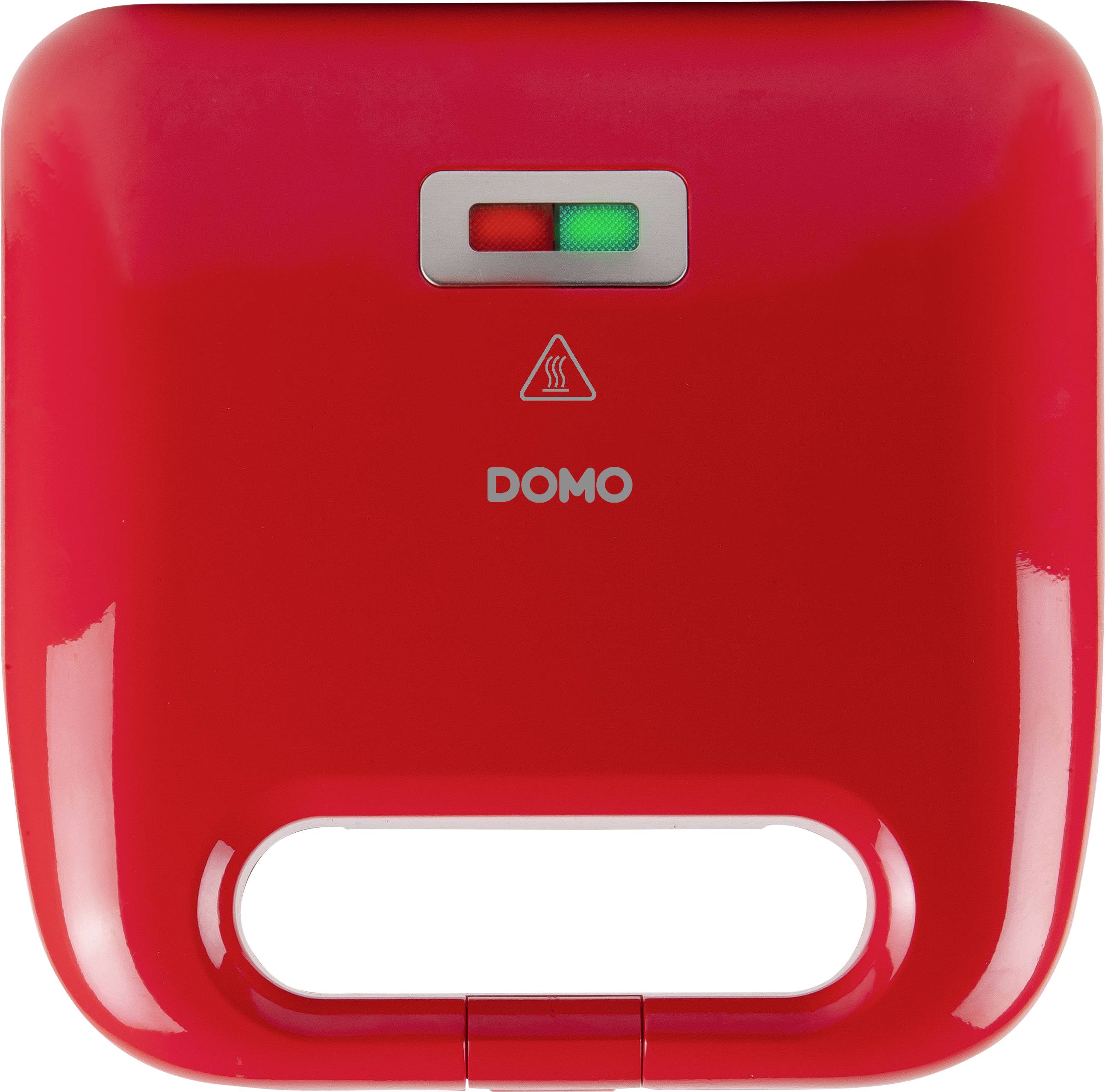 Un appareil à sandwich DOMO de couleur rouge avec deux témoins lumineux : un rouge pour le chauffage et un vert pour la mise en marche.