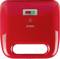 Un appareil à sandwich DOMO de couleur rouge avec deux témoins lumineux : un rouge pour le chauffage et un vert pour la mise en marche.
