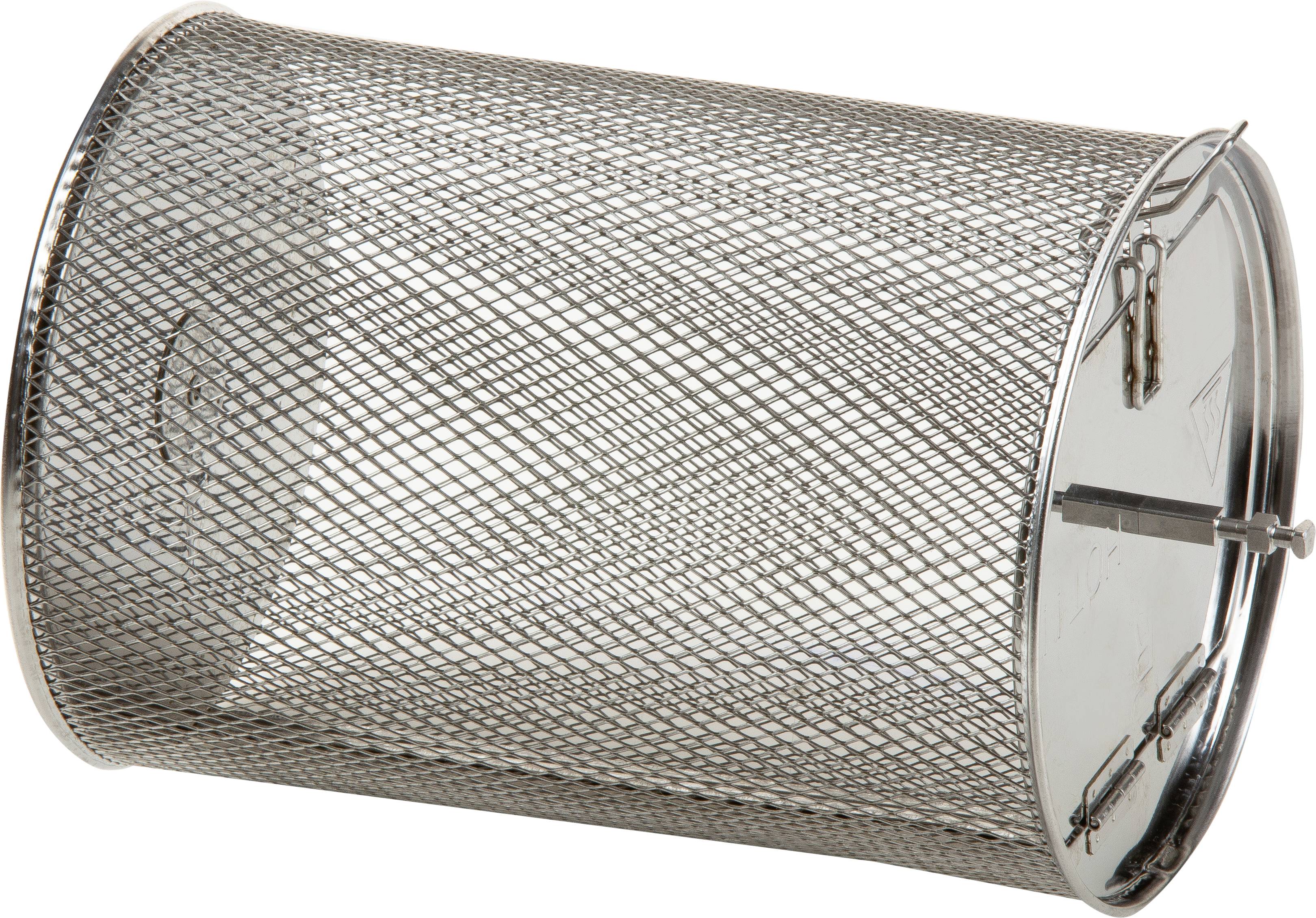 Panier métallique de forme cylindrique avec un maillage en grillage métallique, ouvert sur un côté. Convient au rangement ou au séchage.