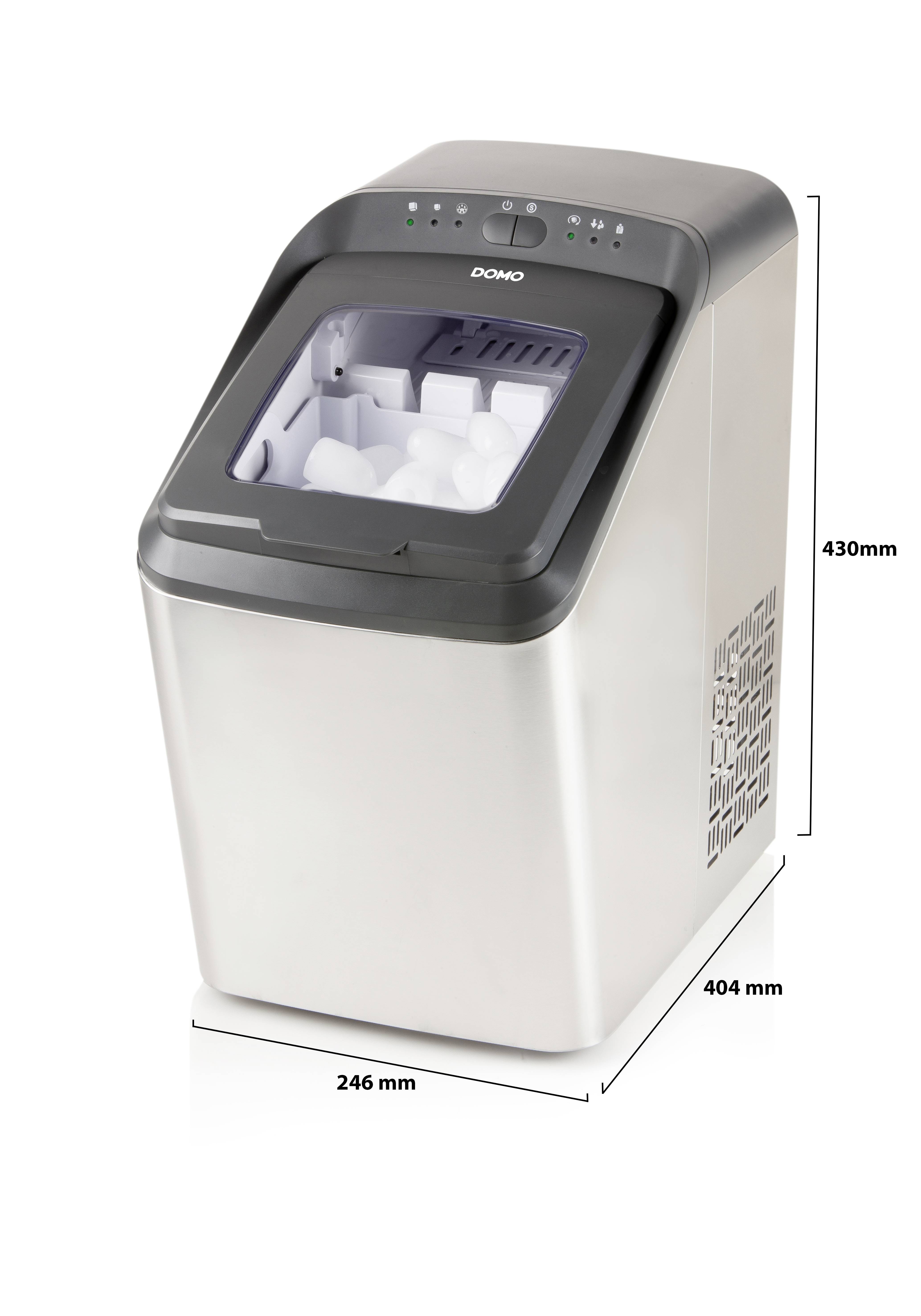 Machine à glaçons dans un boîtier argenté avec le couvercle ouvert, montrant le compartiment à glace rempli. Dimensions : 246 mm (largeur), 404 mm (profondeur), 430 mm (hauteur).