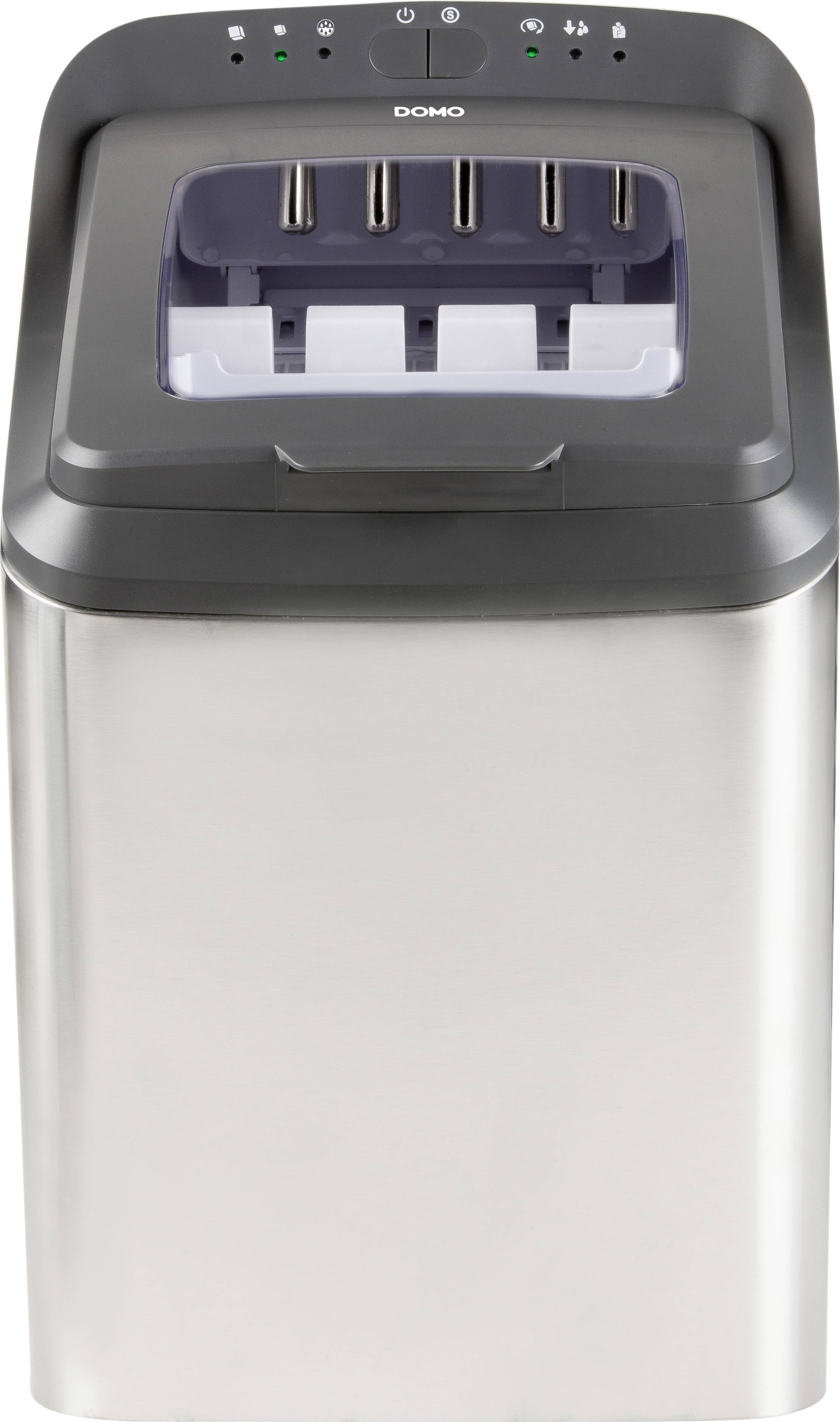 Préparateur de glaçons en acier inoxydable avec fenêtre transparente et commandes en surface, adapté à un usage domestique.