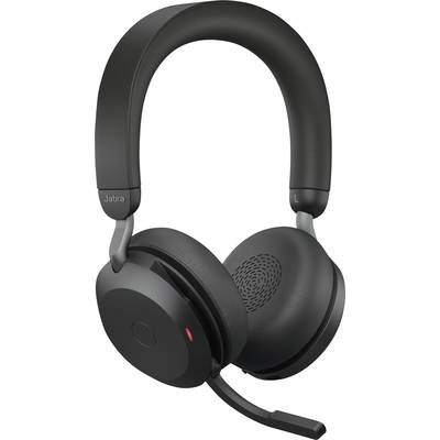 Casque sans fil noir avec des coussinets d'oreille ovales et un bras de microphone intégré. Marqué 'Jabra' sur le côté gauche.