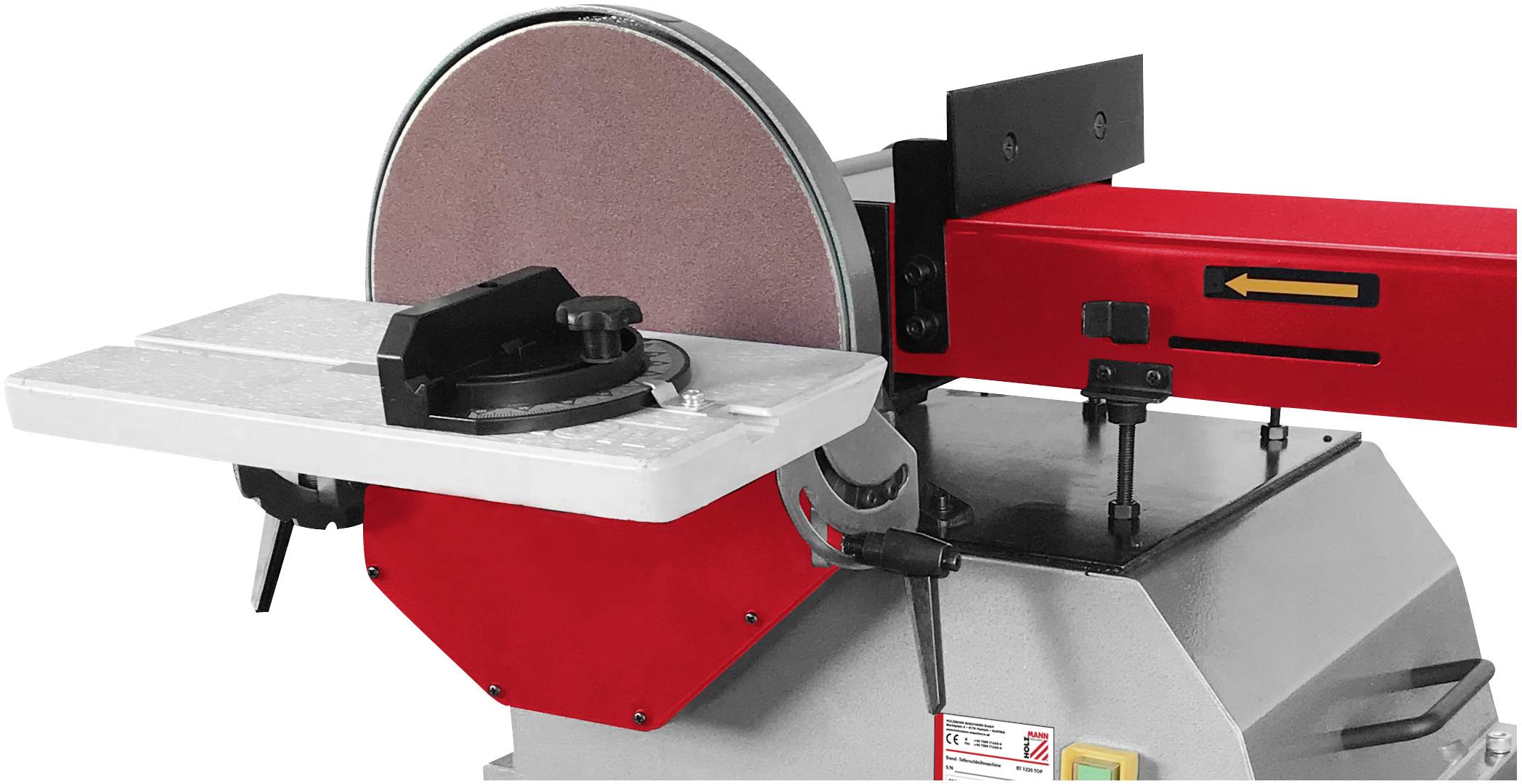 Une machine à polir combinée avec un boîtier rouge et une table argentée. Adaptée pour le ponçage précis du bois et du métal.