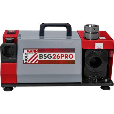 Meuleuse 'Holzmann BSG26PRO' avec boîtier rouge, poignée supérieure et fixation de la tête de perçage sur le côté droit.