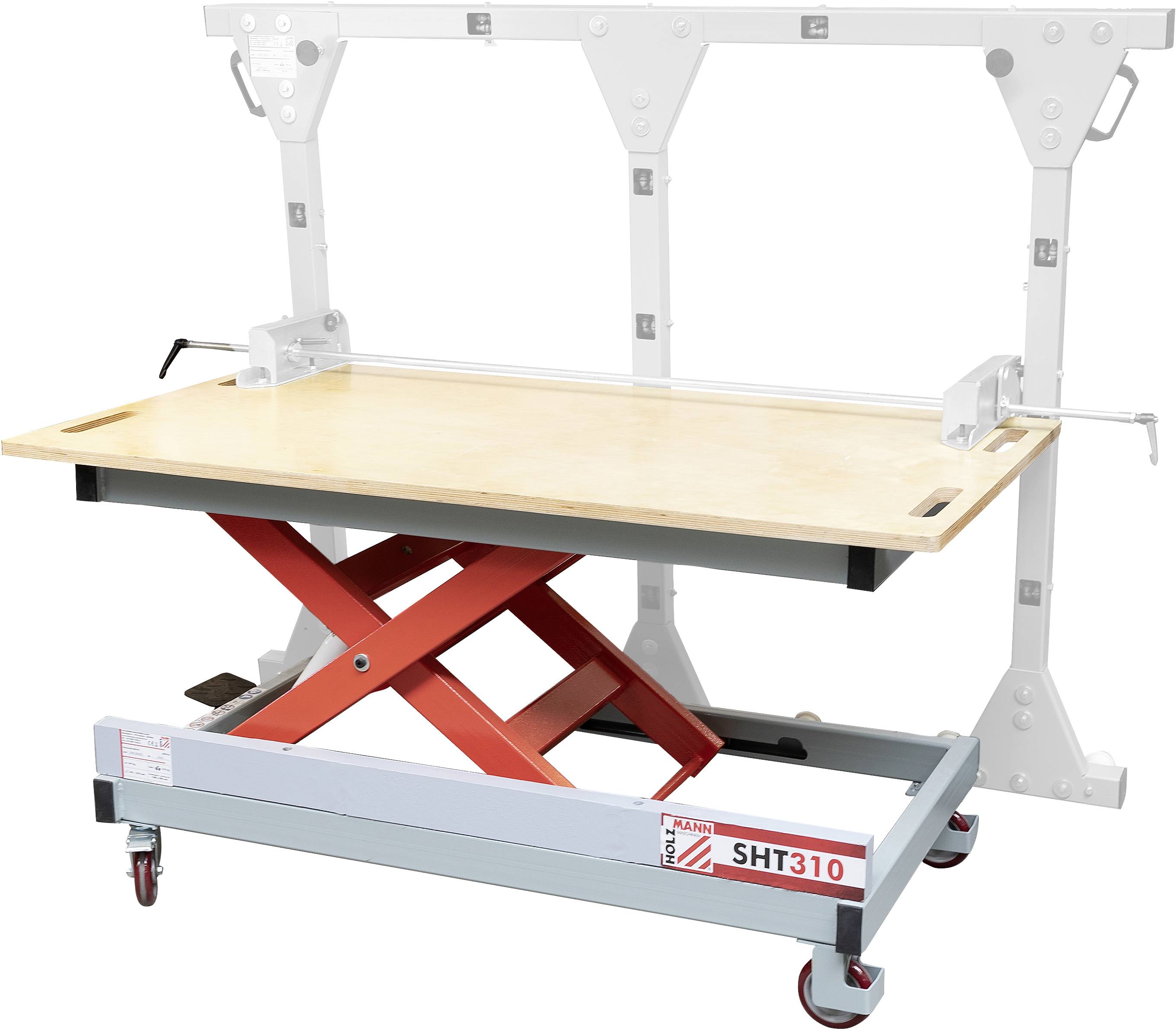 Une station de table élévatrice manuelle blanche avec un mécanisme à ciseaux rouge et une surface en bois, montée sur roulettes. Adaptée pour soulever des charges.