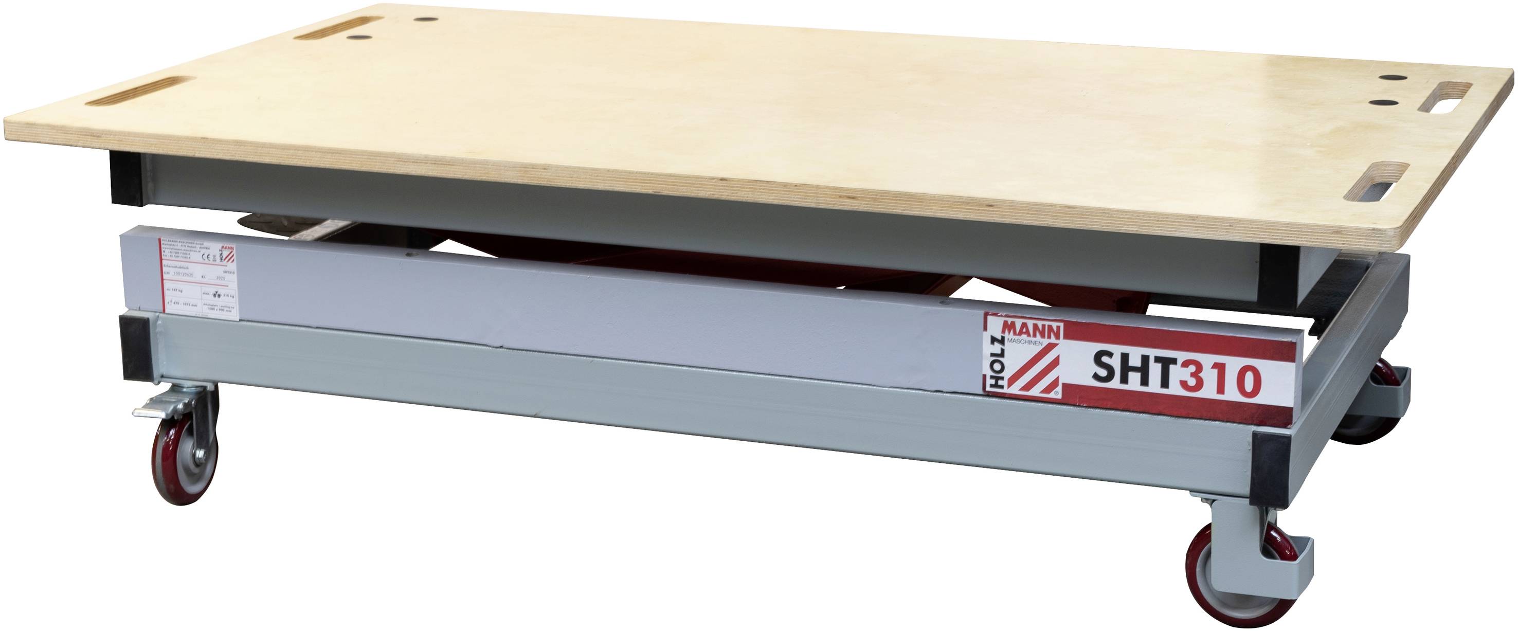 Une table de travail mobile et plate sur roulettes, grise avec un plateau en bois. Une inscription rouge sur le côté indique 'SHT310'.