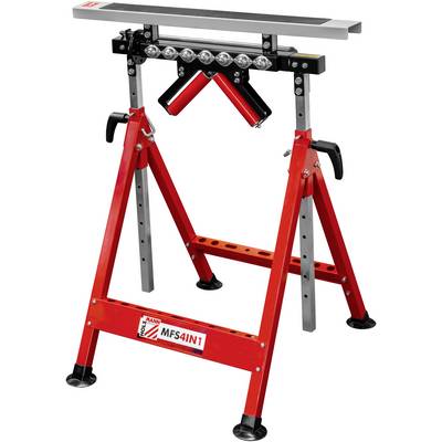 Établi de sciage modèle 'MFS4IN1' rotatif, réglable en hauteur et pliable, avec rail de guidage noir pivotant pour l'utilisation d'outils.