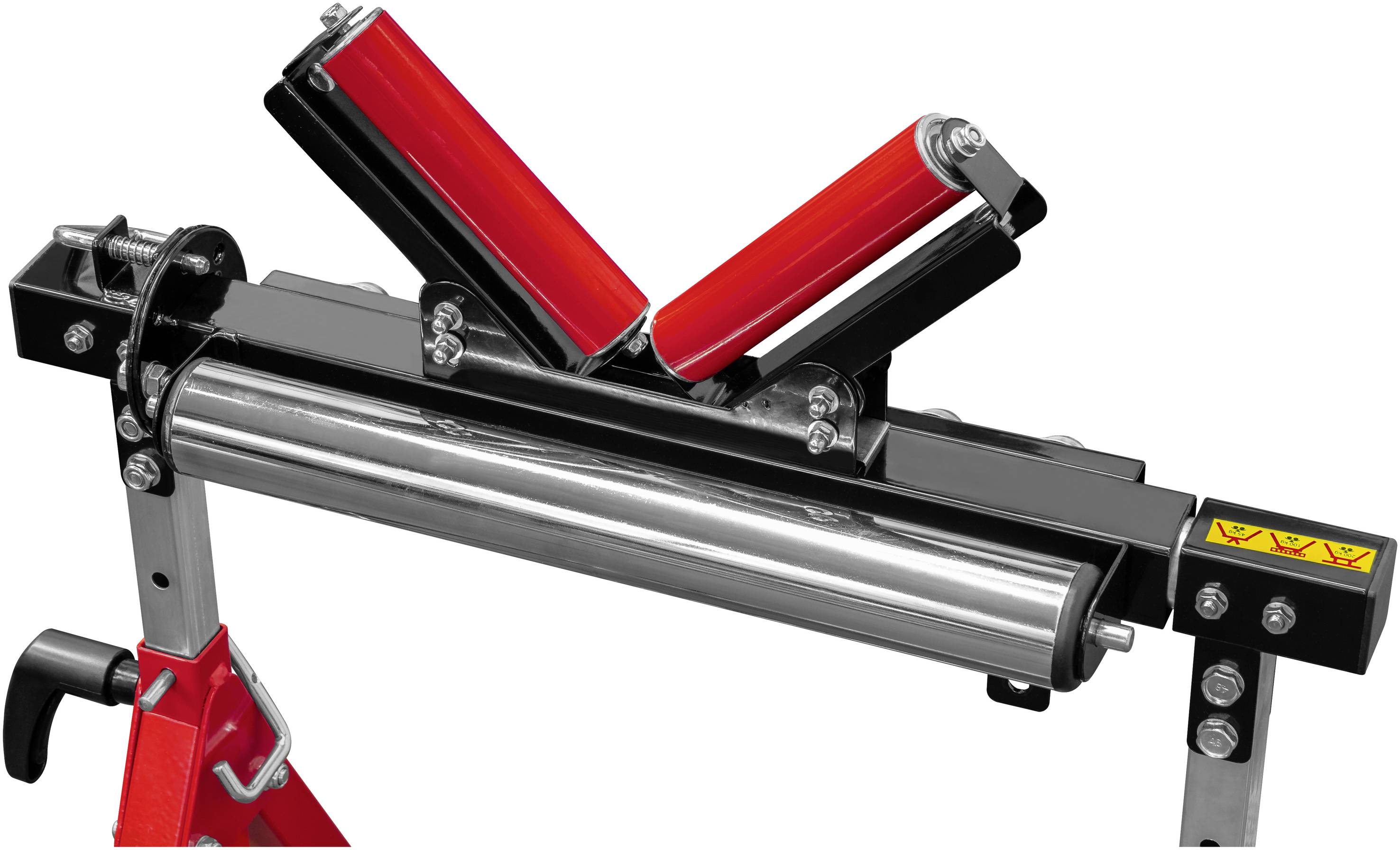 Table de soudage pour tubes avec rouleaux réglables et système de support rouge pour maintenir les tubes pendant le processus de soudage.