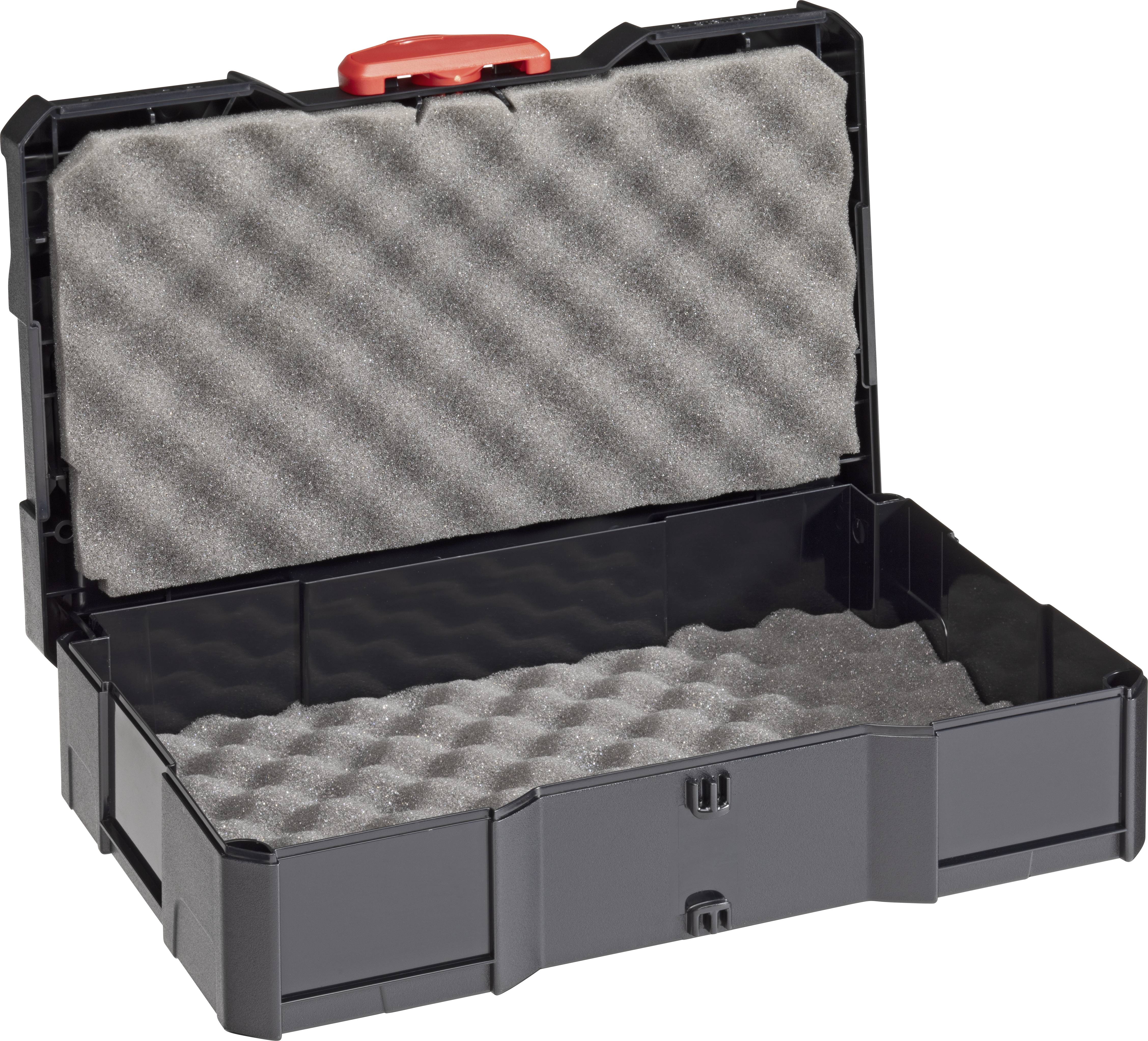 Un étui en plastique noir avec un rembourrage en mousse à l'intérieur, ouvert. La mallette dispose d'une poignée rouge et sert au transport sécurisé d'objets.