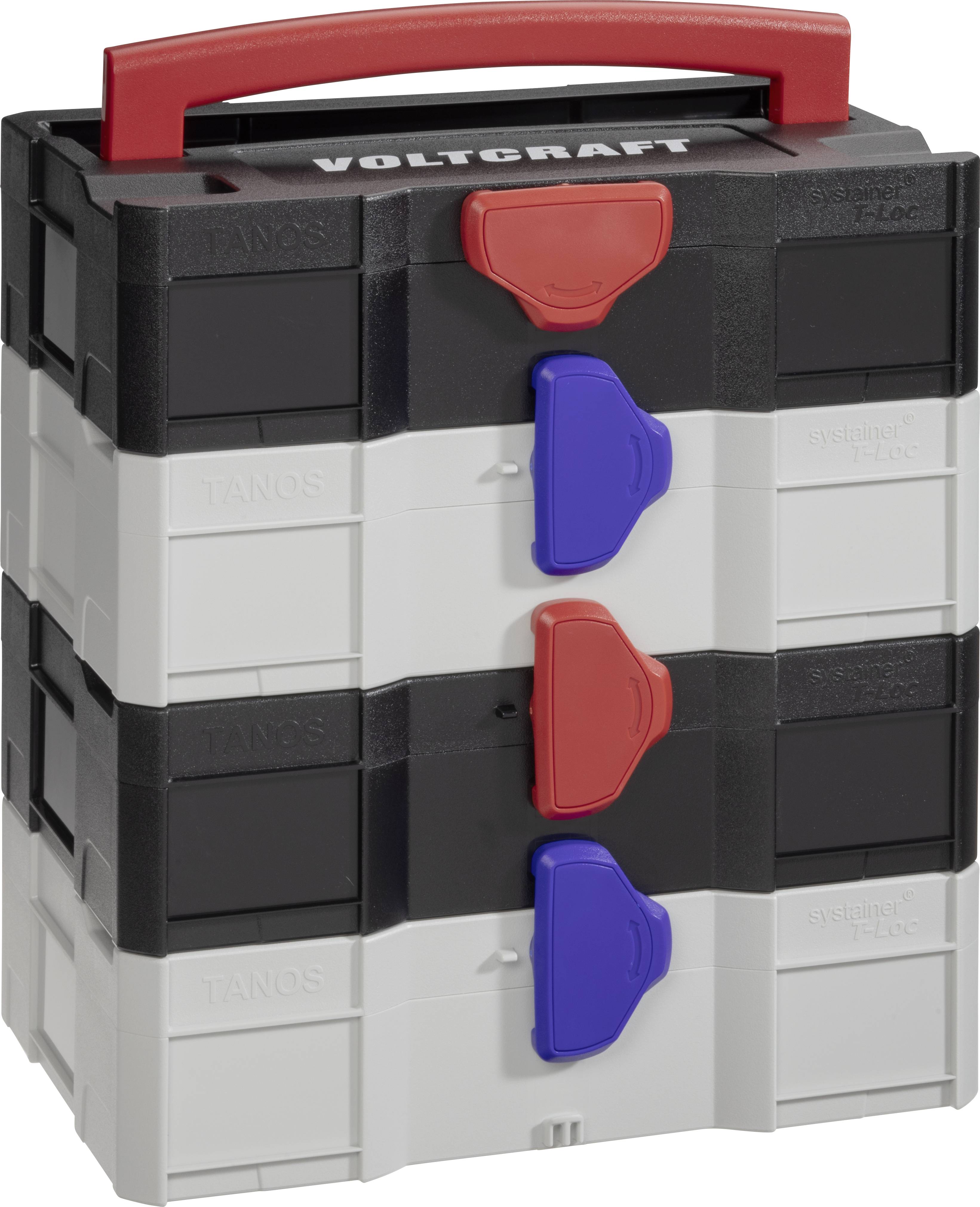 Boîte à outils Voltcraft à trois étages avec fermetures rouges et bleues, empilable et portable avec une poignée rouge.