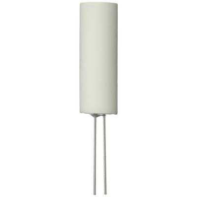 Un condensateur céramique blanc avec deux bornes métalliques présente sa forme cylindrique.