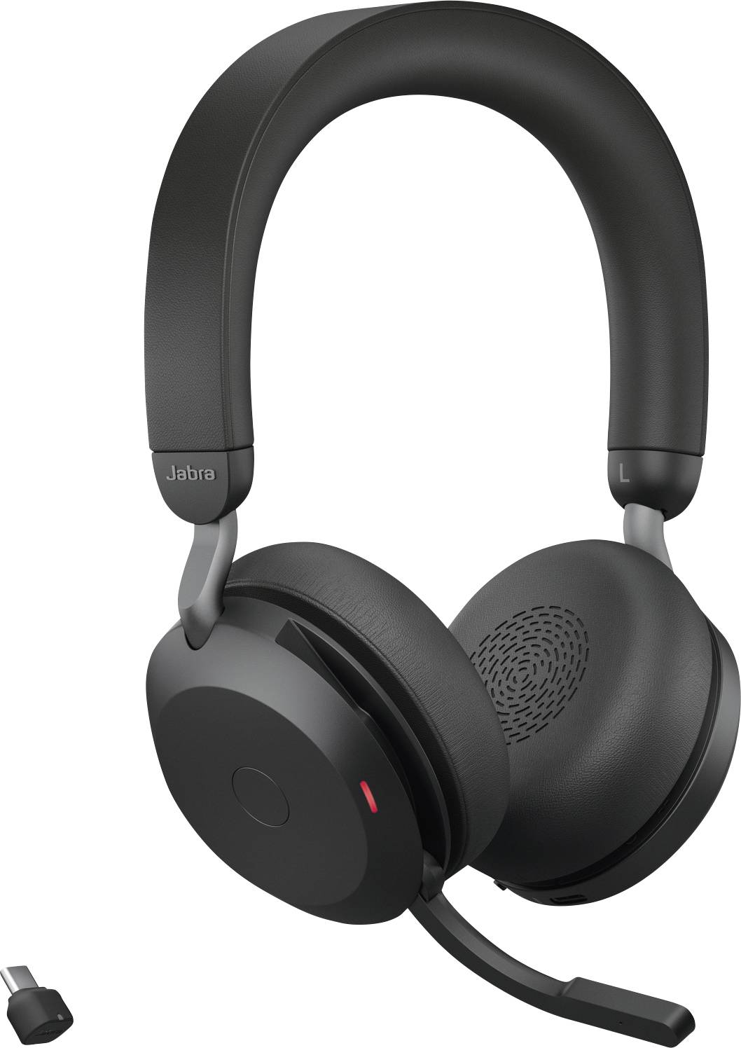 Casque audio noir supra-auriculaire avec microphone et dongle USB, adapté pour la communication sans fil et la musique.