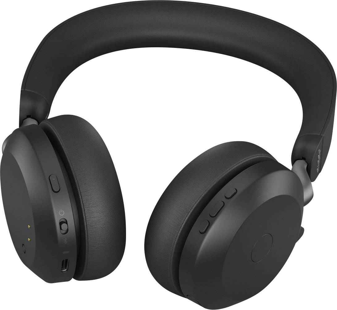 Casque audio sans fil noir avec coussinets d'oreilles ronds et doux, et commandes intégrées sur le côté.