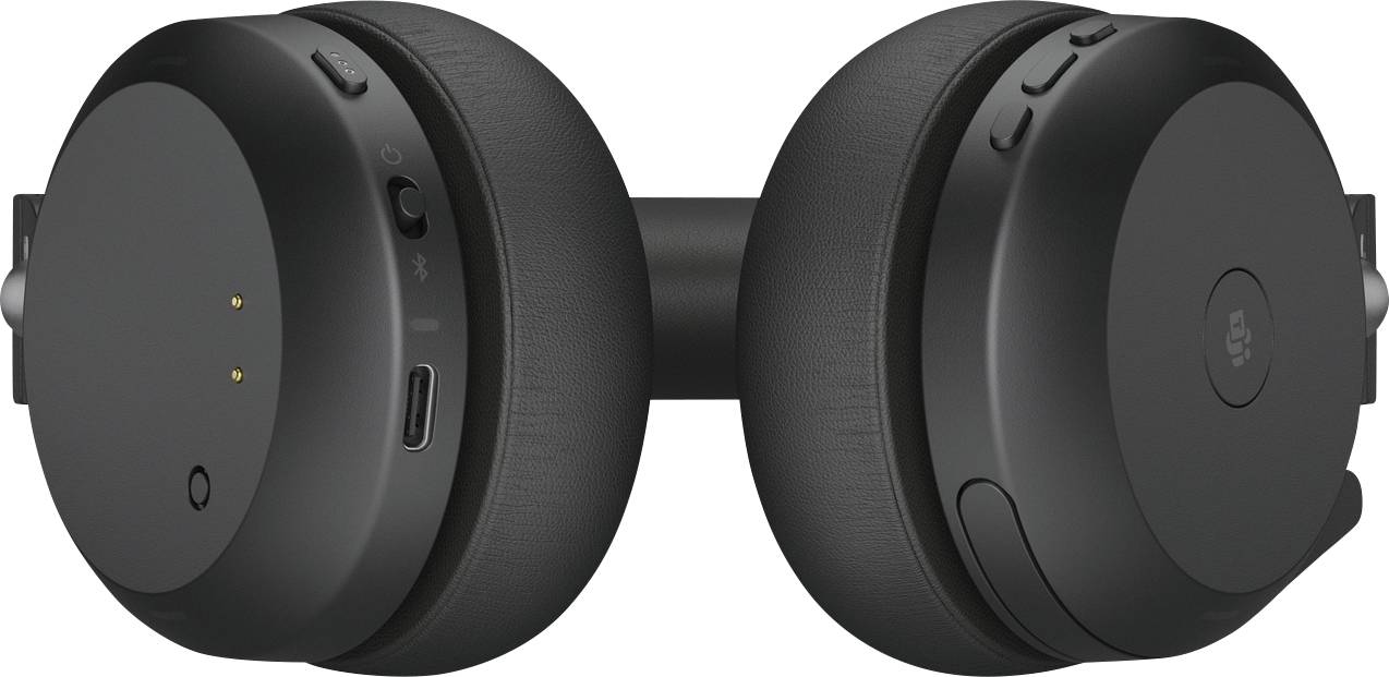 Casque audio noir circumauriculaire en gros plan. Montre les commandes et les connexions sur les écouteurs.