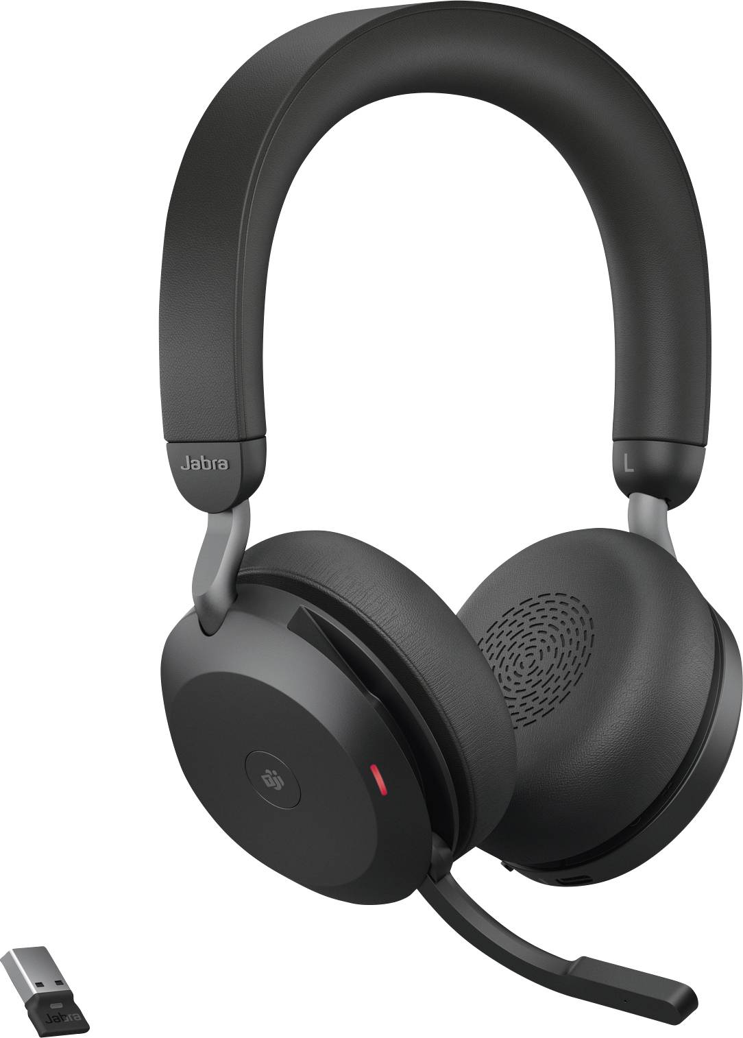 Casque sans fil noir avec microphone et adaptateur USB, présenté de côté. Adapté pour les appels téléphoniques ou la musique.