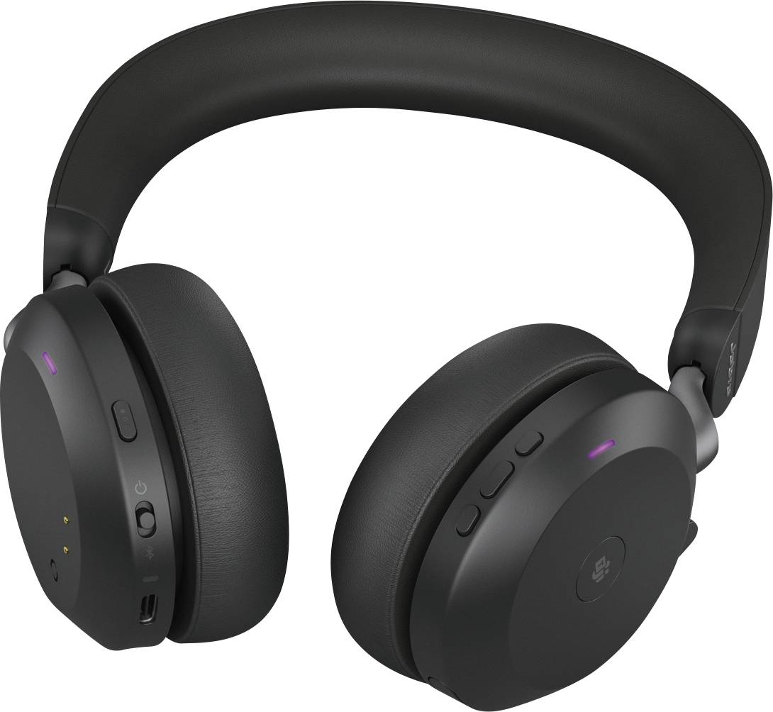 Casque sans fil noir over-ear avec des boutons de commande sur le côté, adapté pour la musique et les appels. Ils présentent un design épuré et moderne.