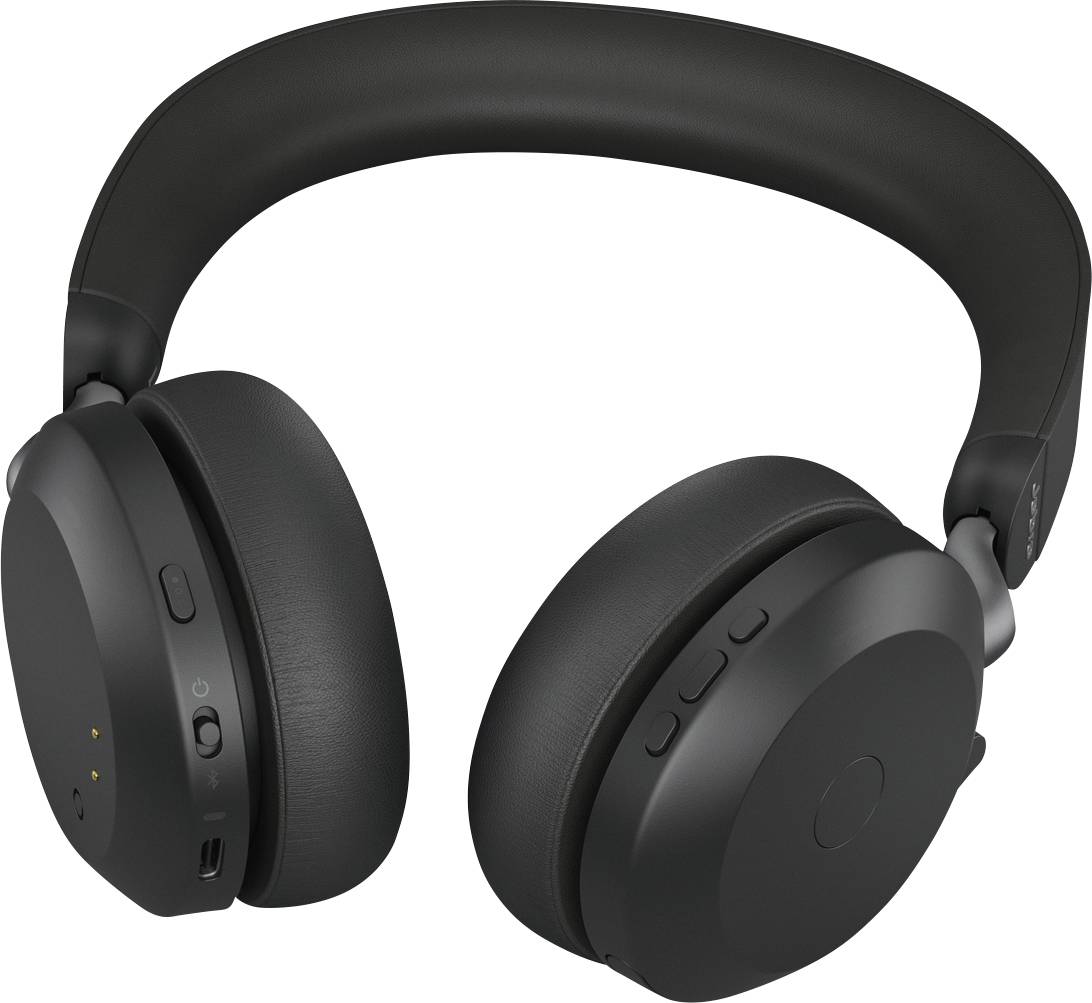 Écouteurs over-ear noirs sans fil, avec des commandes sur le côté. Ils offrent un ajustement confortable pour une écoute prolongée.