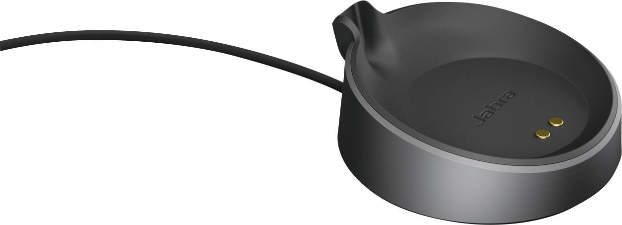 Chargeur noir, rond, avec un câble, le nom de marque 'Jabra' visible, deux points de contact dorés apparents.