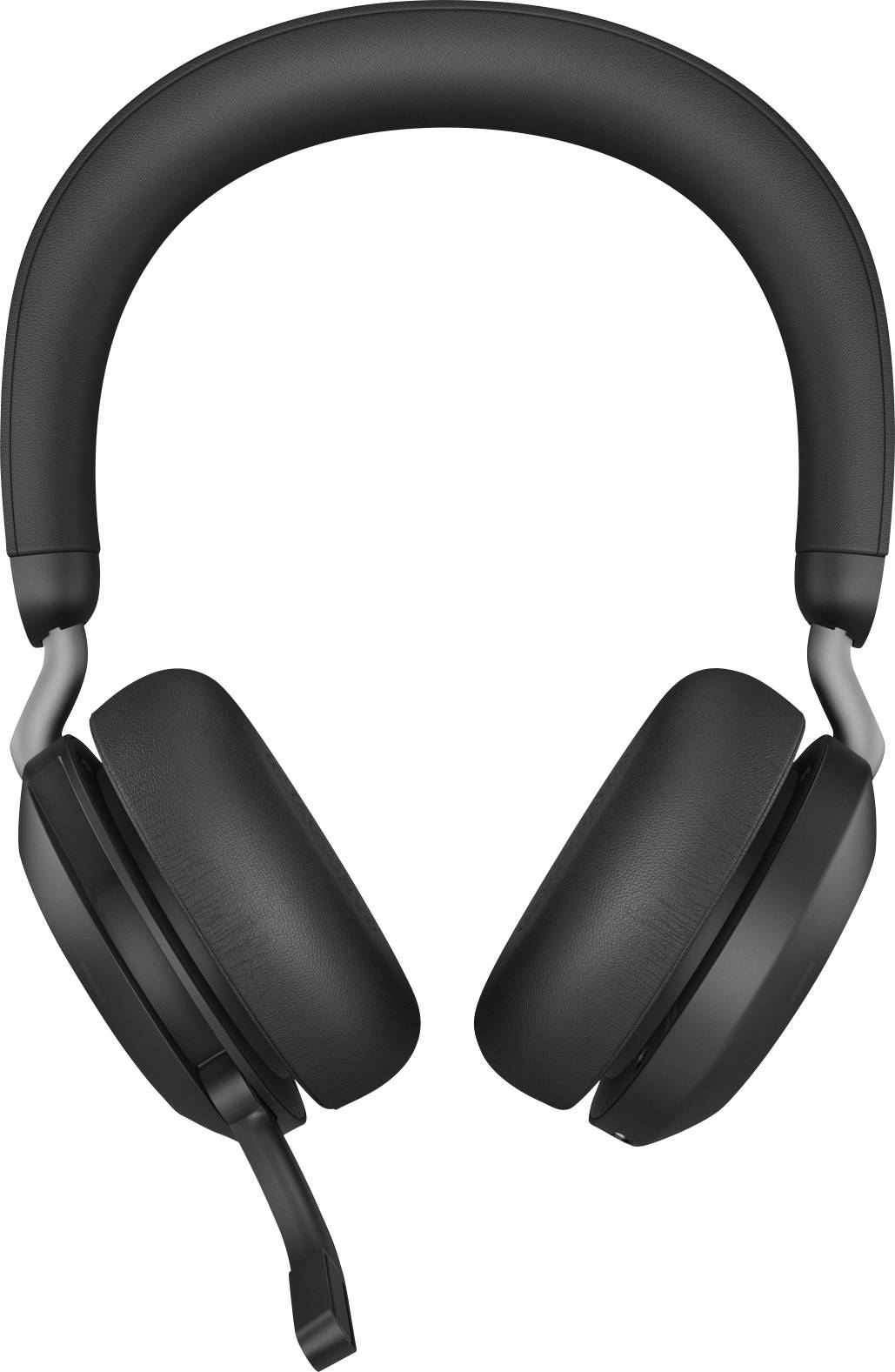 Casque noir circumauriculaire avec coussinets rembourrés et arceau réglable, vue de face.