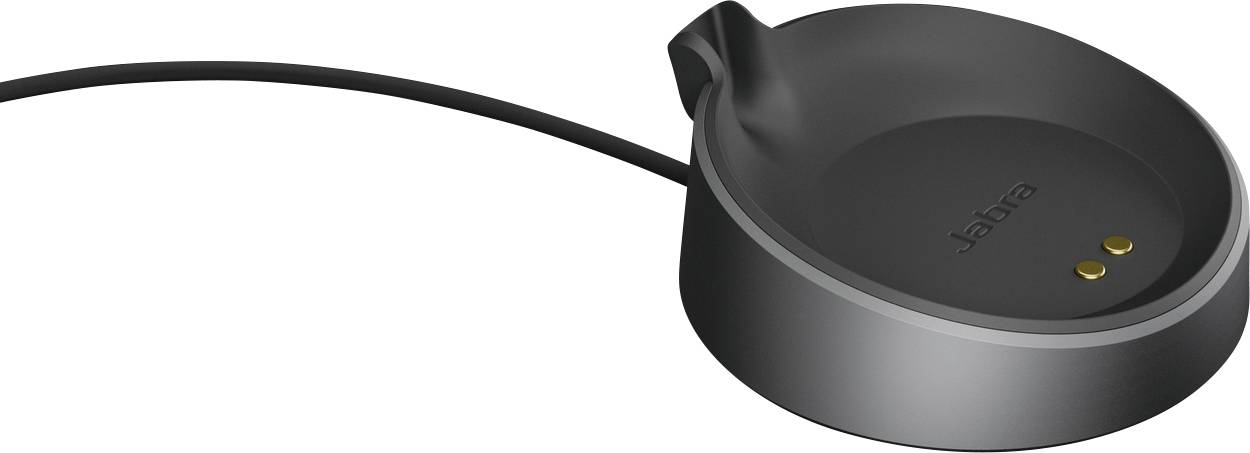 Base de chargement noire avec connexion par câble. Deux points de contact dorés à l'intérieur. Nom de marque 'Jabra' visible.