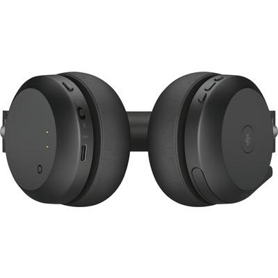 Écouteurs noirs sans fil avec des boutons et des connexions sur les coques, repliés.