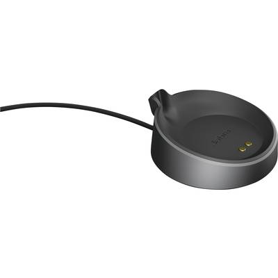 Base de chargement noire avec câble, deux contacts dorés et logo 'Jabra', conçue pour recharger des appareils électroniques compatibles.