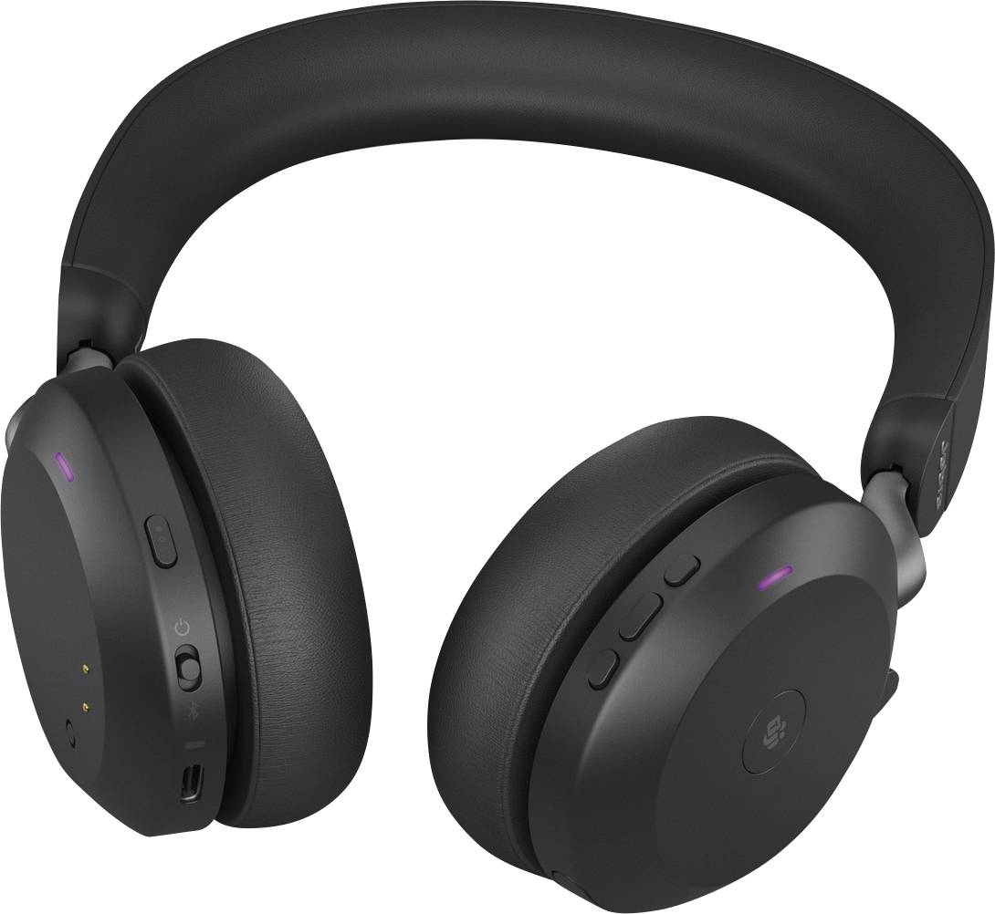 Casque audio noir sans fil, de type over-ear, avec arceau ajusté. Les commandes sont situées sur le côté des écouteurs. Design moderne et élégant.