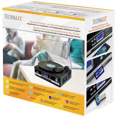 Technaxx Platine tourne-disque Bluetooth et numériseur de cassettes TX-22+ pour numériser vinyles et cassettes audio. Comprend une fonction Bluetooth.
