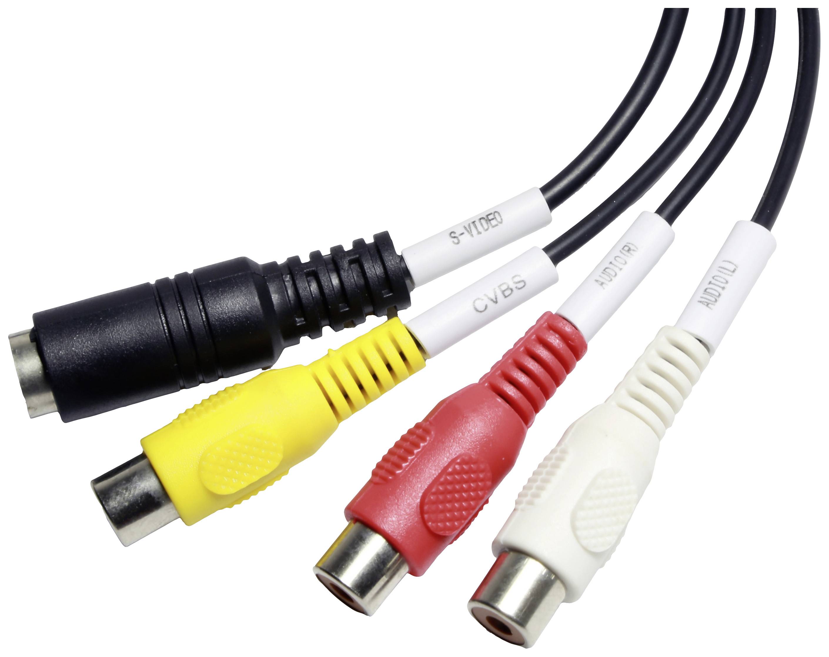 Quatre fiches RCA dans les couleurs noir, jaune, rouge et blanc. Elles sont destinées aux connexions audio et vidéo.