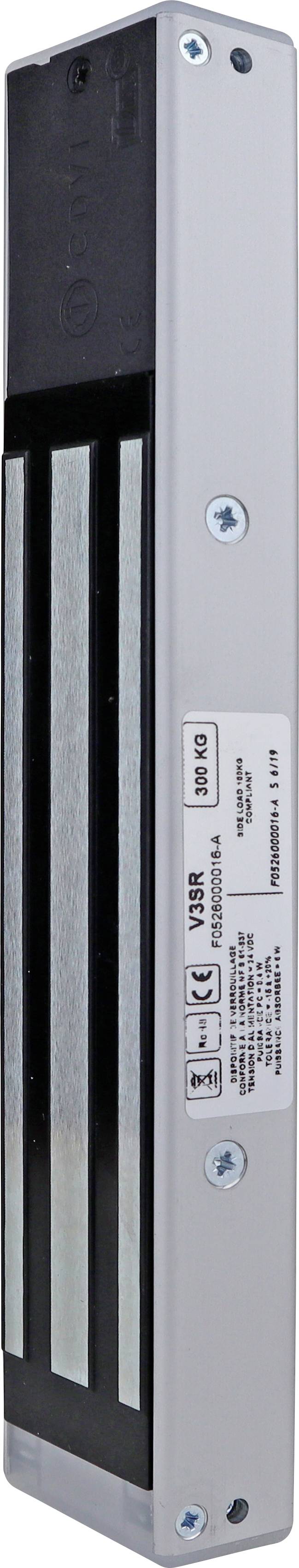 Un verrou électromagnétique rectangulaire avec boîtier argenté et noir, adapté aux systèmes de contrôle d'accès.