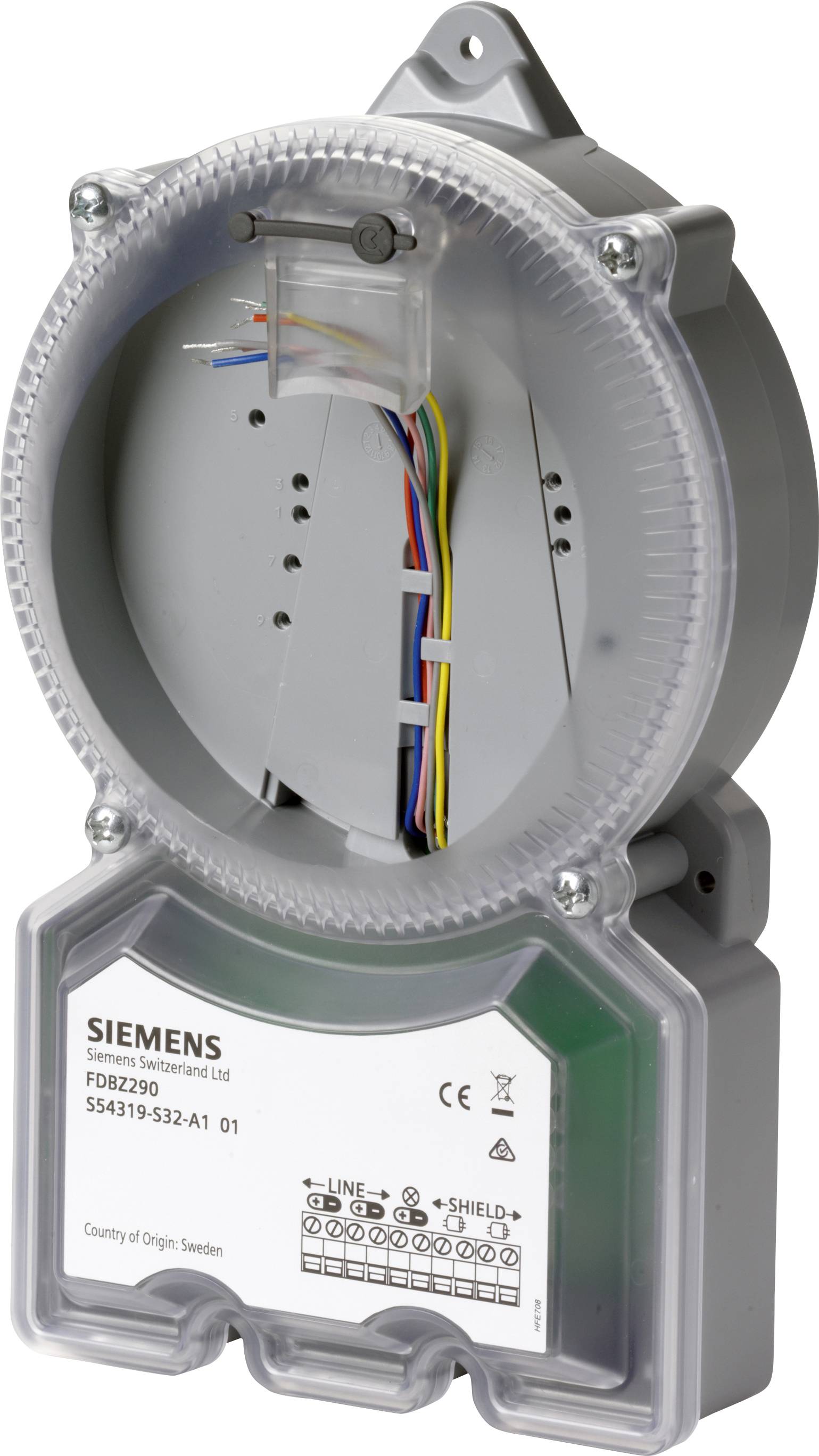 Un composant électrique circulaire gris de la marque Siemens avec des bornes de câblage ouvertes.