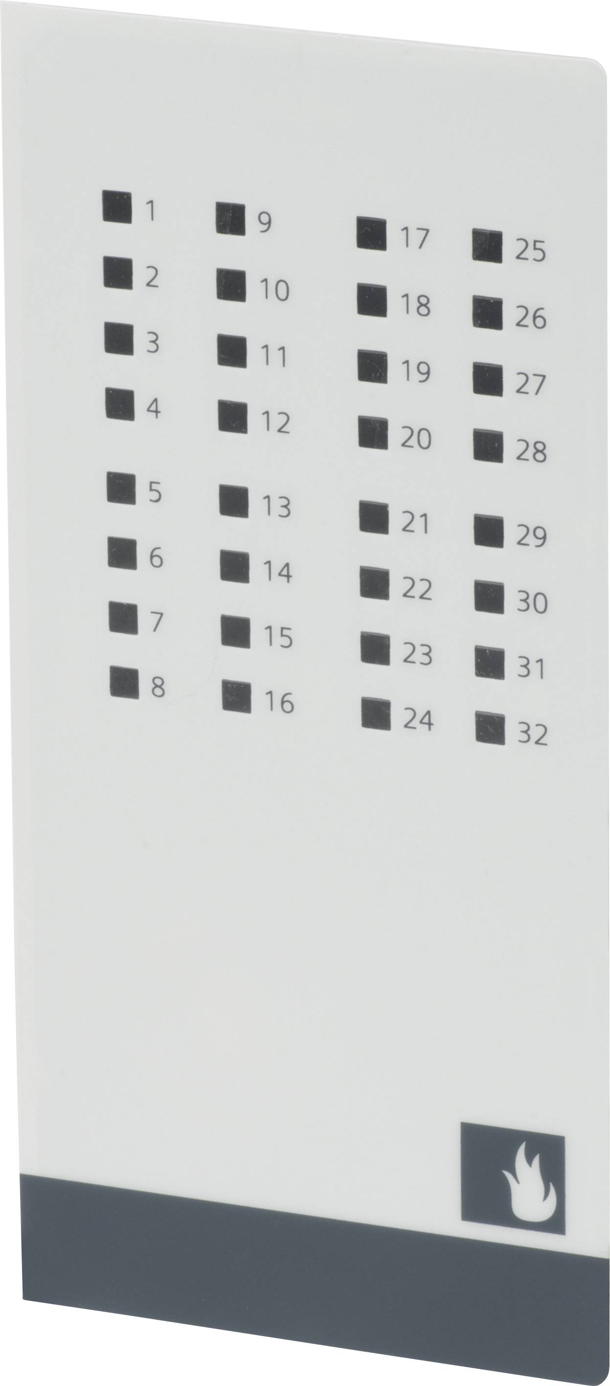 Un panneau de détecteur de fumée avec des numéros listés de 1 à 32 en quatre colonnes. En bas à droite se trouve un symbole de flamme.
