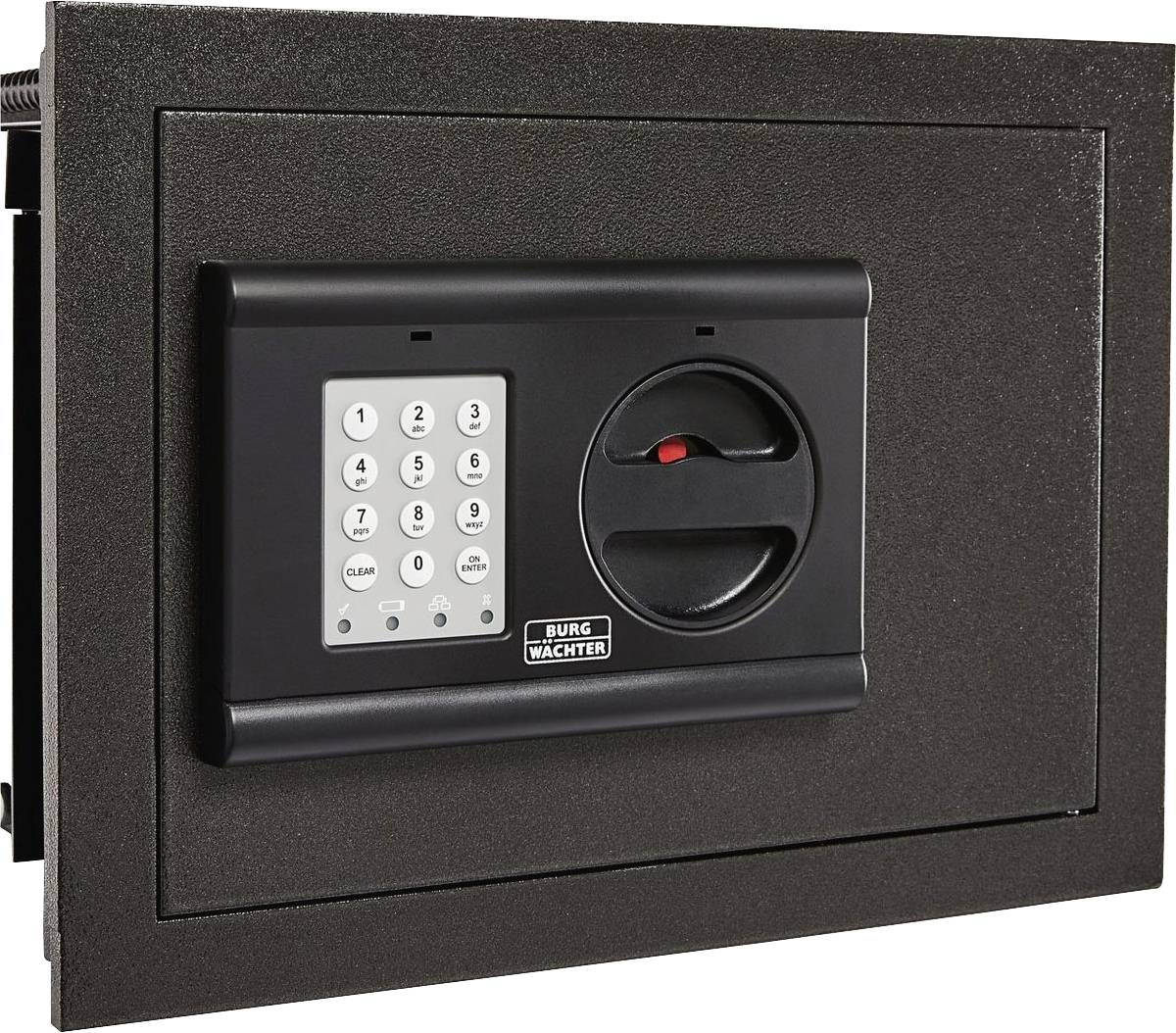 Un coffre-fort noir mural avec serrure électronique à code et poignée, adapté pour le rangement sécurisé d'objets de valeur.
