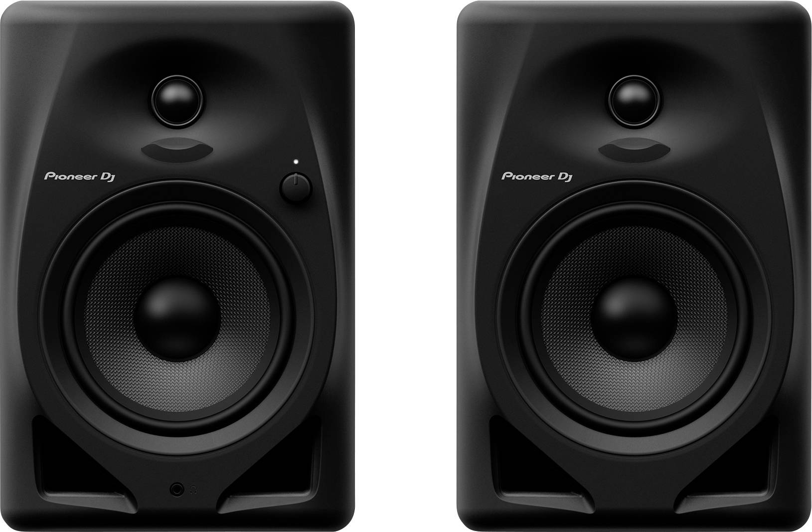 Deux enceintes noires avec le logo de marque 'Pioneer DJ'. Les enceintes ont de grandes membranes centrales et sont adaptées pour une reproduction audio professionnelle.