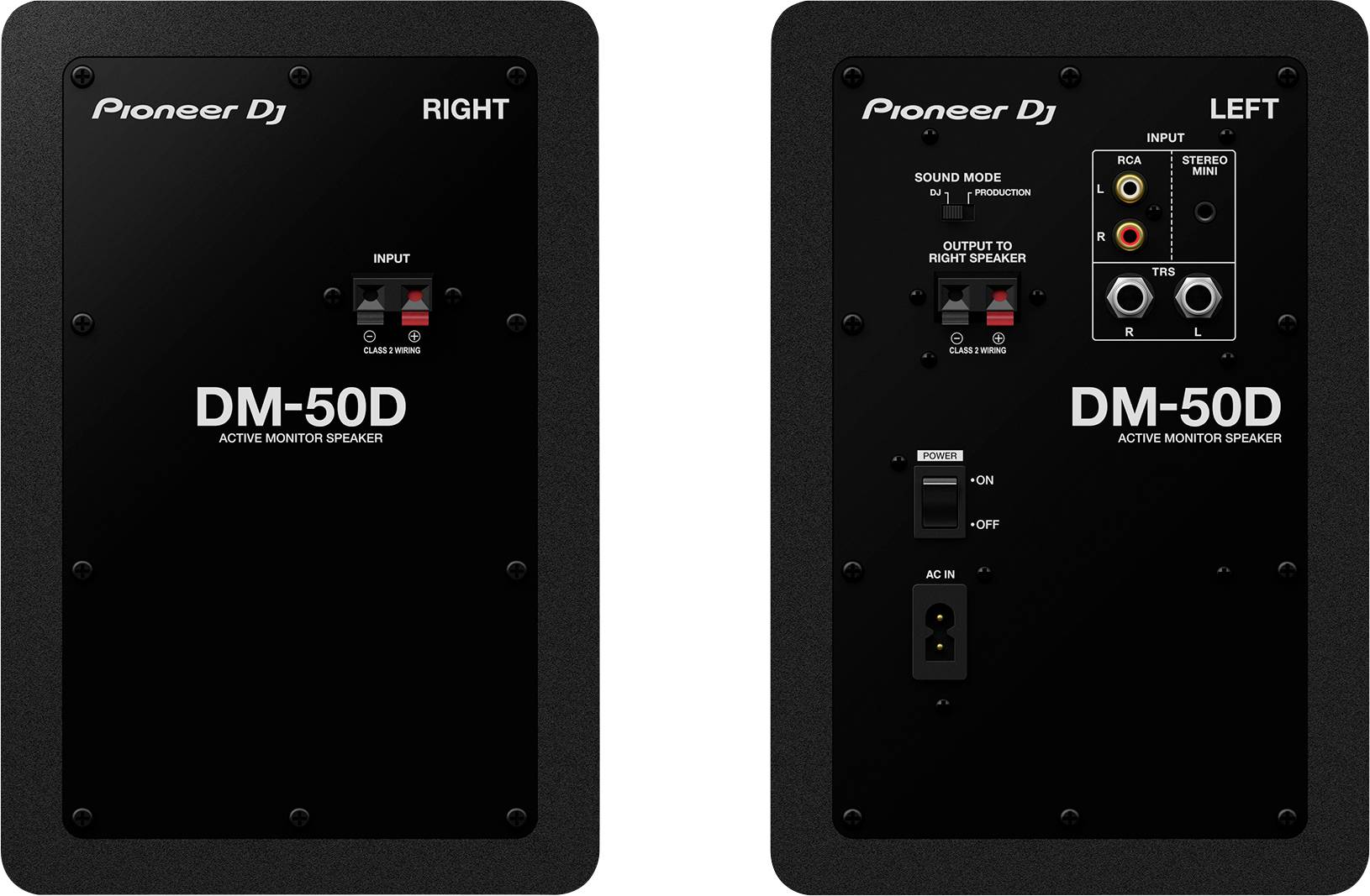 'Deux enceintes de monitoring DJ de Pioneer, modèle DM-50D. Enceinte gauche avec connexions d'entrée, enceinte droite avec régulateurs d'entrée et de sortie.'