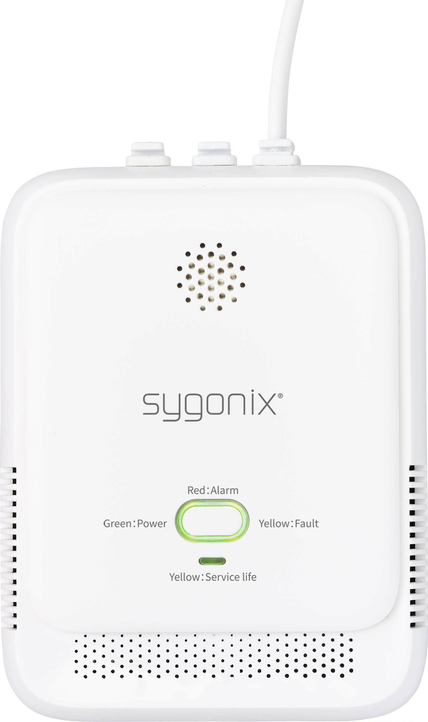 Détecteur de monoxyde de carbone avec boîtier blanc, modèle 'sygonix'. Trois voyants LED : Vert 'Alimentation', Rouge 'Alarme', Jaune 'Défaut'.