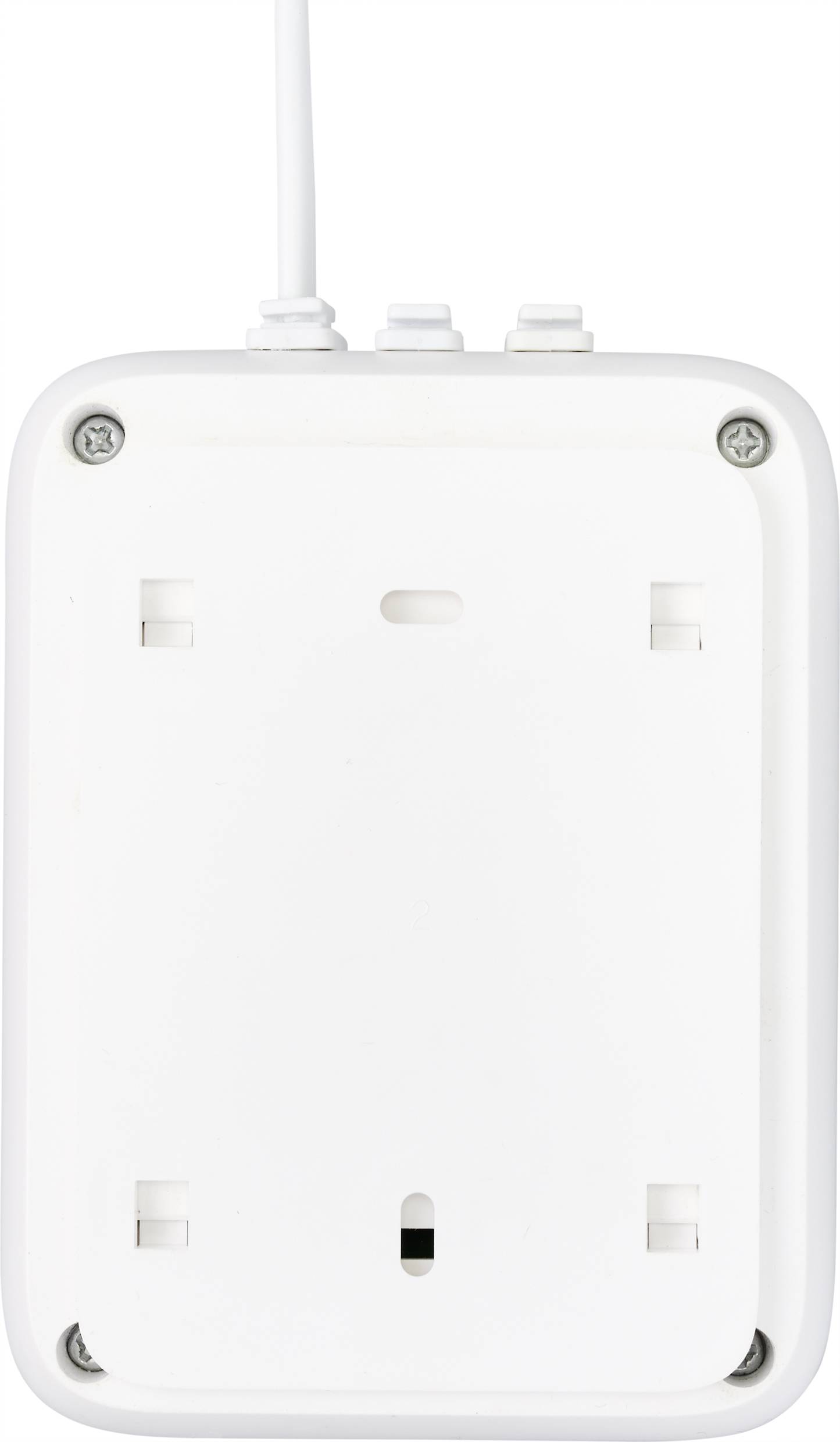 Vue arrière d'un appareil électrique blanc avec une connexion de câble en haut. Des points de fixation sont visibles dans les coins.